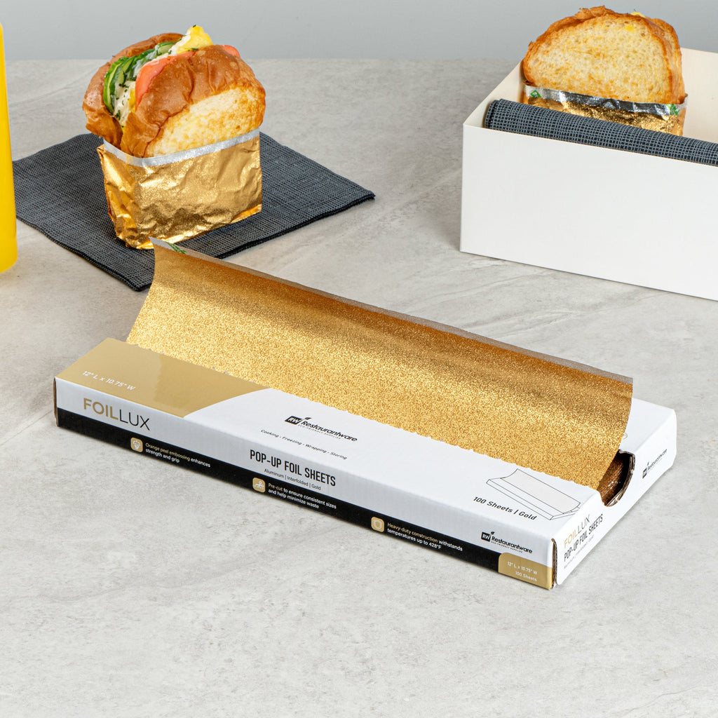 Foil Lux Foodservice Gold Aluminum Foil Pop-Up Sheet - Interfolded, Embossed - 12" x 10 3/4" - 100 count box