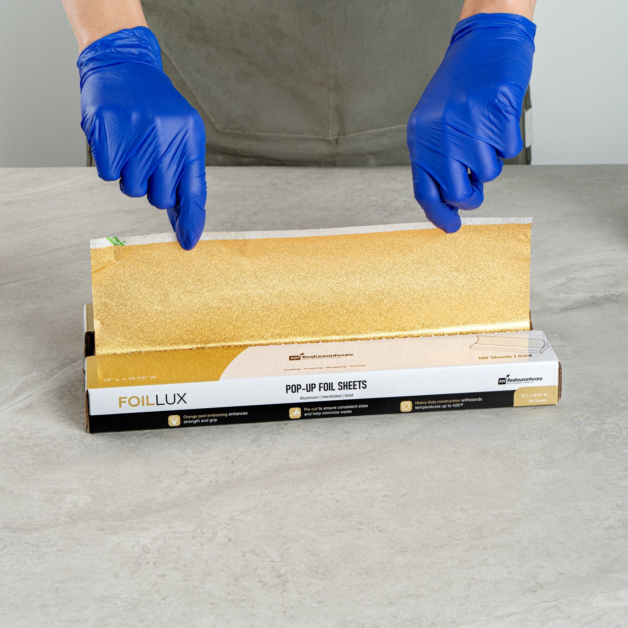 Foil Lux Foodservice Gold Aluminum Foil Pop-Up Sheet - Interfolded, Embossed - 12" x 10 3/4" - 100 count box