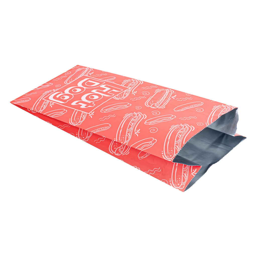 Bag Tek Red Paper Printed Hot Dog Foil Bag - Qt. Size - 5 1/2" x 3 1/4" x 12" - 100 count box