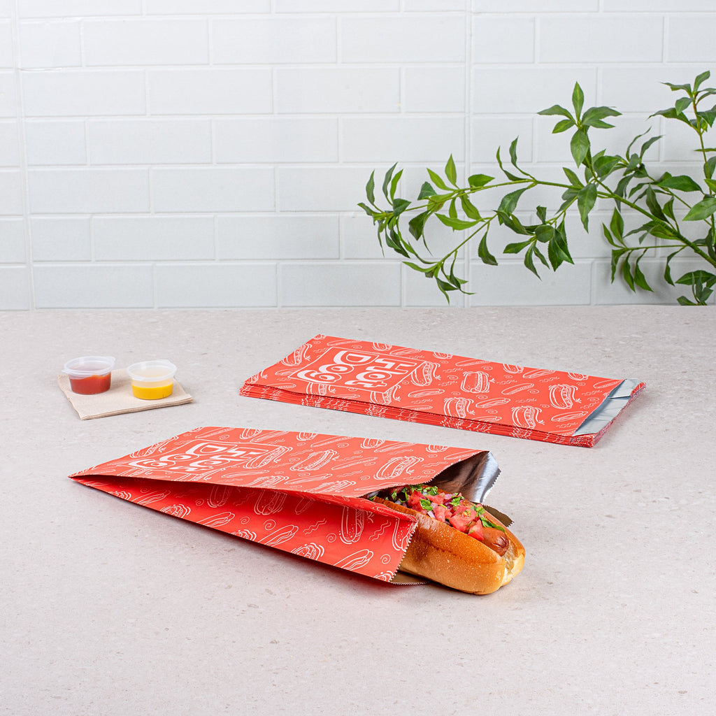 Bag Tek Red Paper Printed Hot Dog Foil Bag - 1/2 Gallon - 4 1/4" x 6 1/2" x 14 1/2" - 100 count box