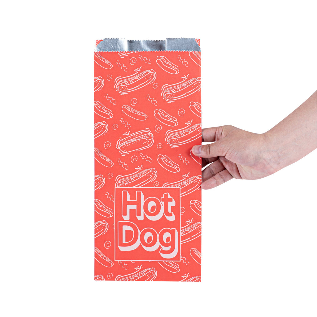 Bag Tek Red Paper Printed Hot Dog Foil Bag - 1/2 Gallon - 4 1/4" x 6 1/2" x 14 1/2" - 100 count box