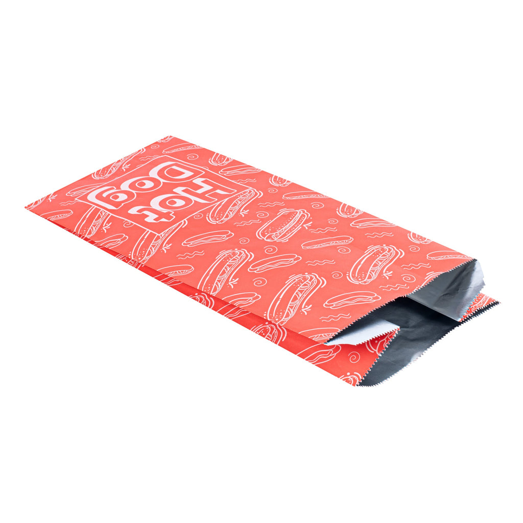 Bag Tek Red Paper Printed Hot Dog Foil Bag - 1/2 Gallon - 4 1/4" x 6 1/2" x 14 1/2" - 100 count box