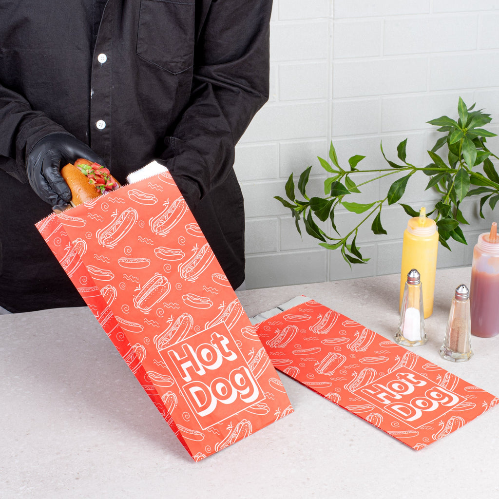 Bag Tek Red Paper Printed Hot Dog Foil Bag - 1/2 Gallon - 4 1/4" x 6 1/2" x 14 1/2" - 100 count box