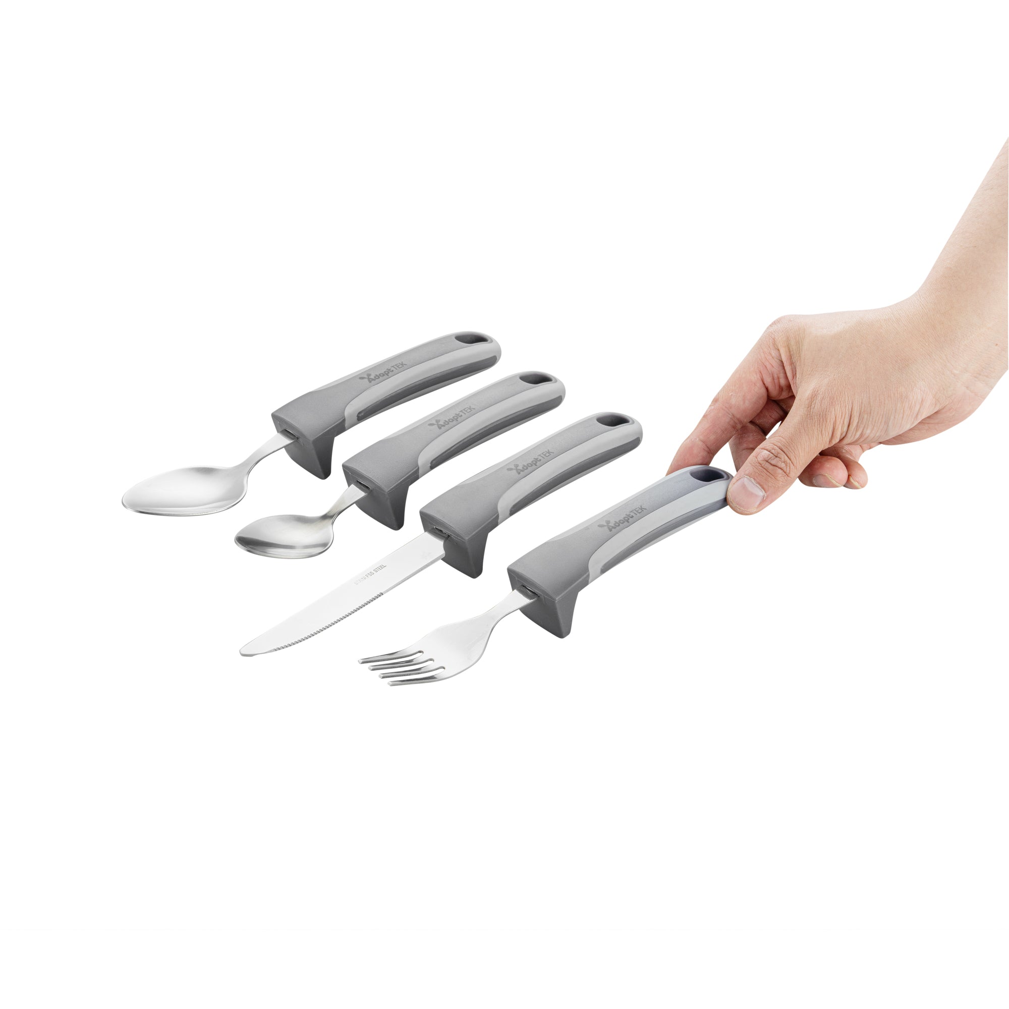 Adapt Tek Gray Stainless Steel 4-Piece Adaptive Utensil Set - Lightweight, Non-Slip - 1 count box