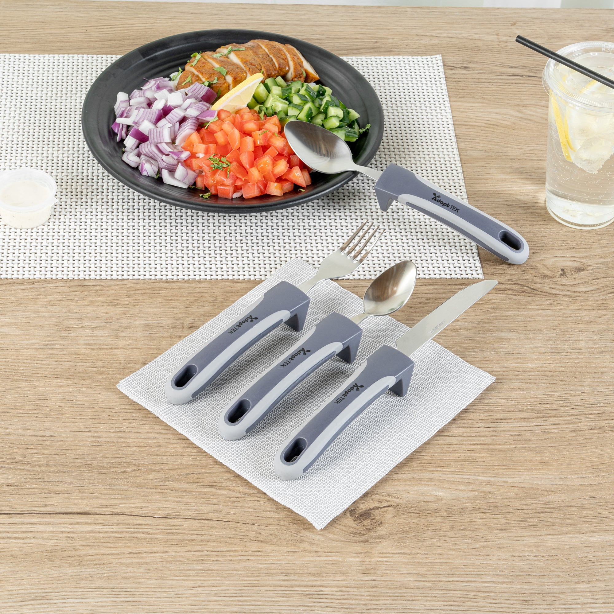 Adapt Tek Gray Stainless Steel 4-Piece Adaptive Utensil Set - Lightweight, Non-Slip - 1 count box