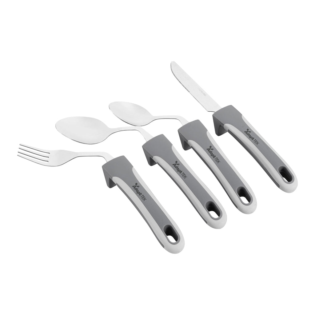 Adapt Tek Gray Stainless Steel 4-Piece Adaptive Offset Utensil Set - Right Hand, Lightweight, Non-Slip - 1 count box