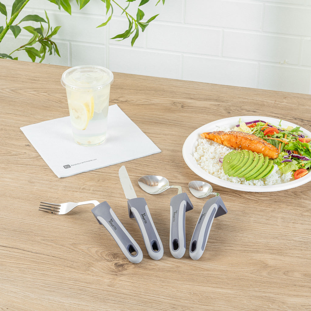 Adapt Tek Gray Stainless Steel 4-Piece Adaptive Offset Utensil Set - Right Hand, Lightweight, Non-Slip - 1 count box