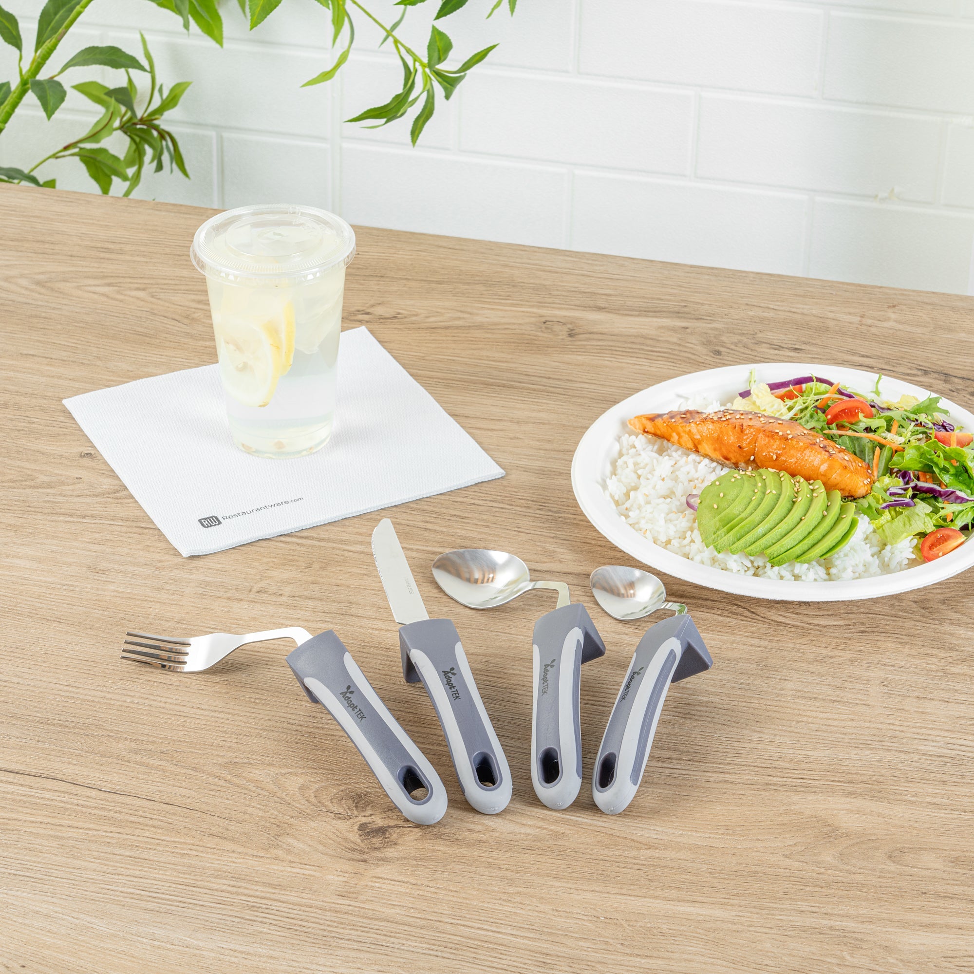 Adapt Tek Gray Stainless Steel 4-Piece Adaptive Offset Utensil Set - Right Hand, Lightweight, Non-Slip - 1 count box