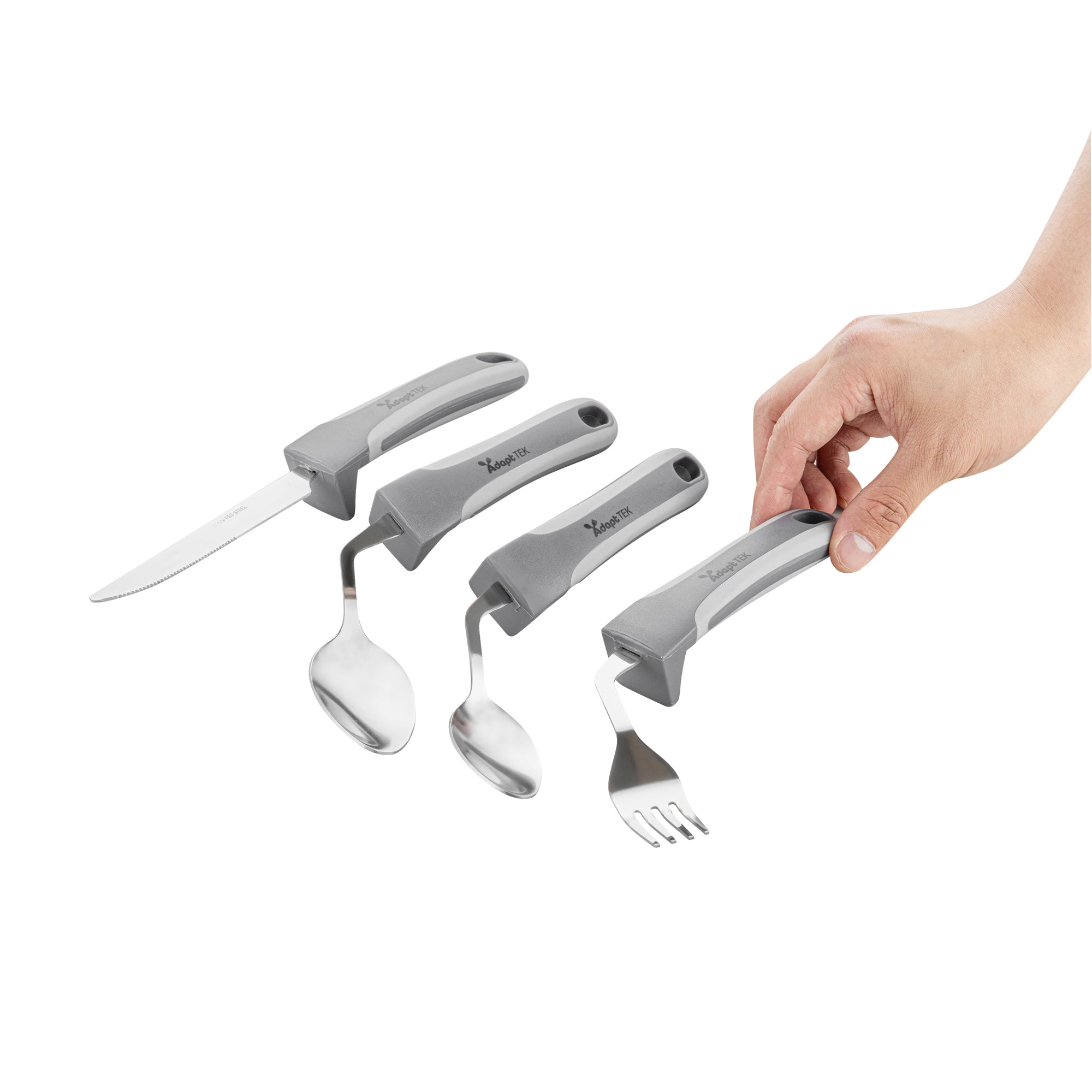Adapt Tek Gray Stainless Steel 4-Piece Adaptive Offset Utensil Set - Right Hand, Lightweight, Non-Slip - 1 count box
