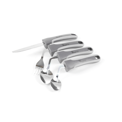 Adapt Tek Gray Stainless Steel 4-Piece Adaptive Offset Utensil Set - Right Hand, Lightweight, Non-Slip - 1 count box