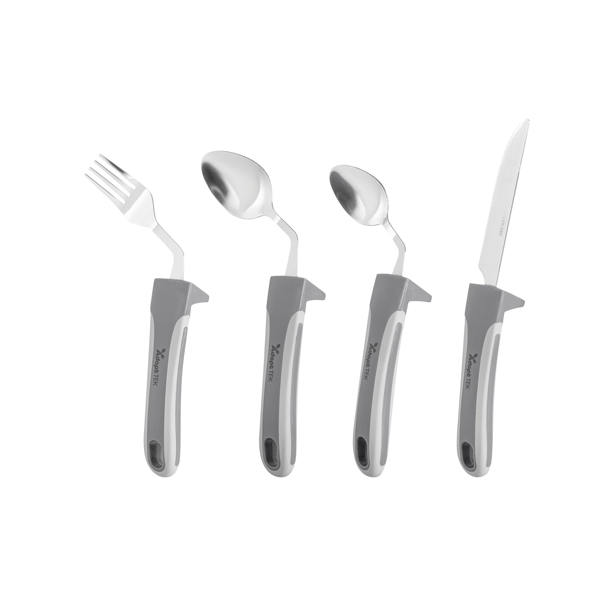 Adapt Tek Gray Stainless Steel 4-Piece Adaptive Offset Utensil Set - Right Hand, Lightweight, Non-Slip - 1 count box