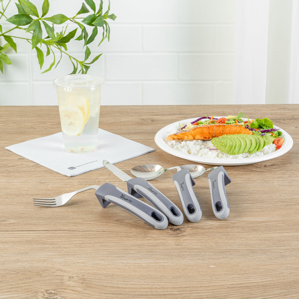 Adapt Tek Gray Stainless Steel 4-Piece Adaptive Offset Utensil Set - Right Hand, Lightweight, Non-Slip - 1 count box