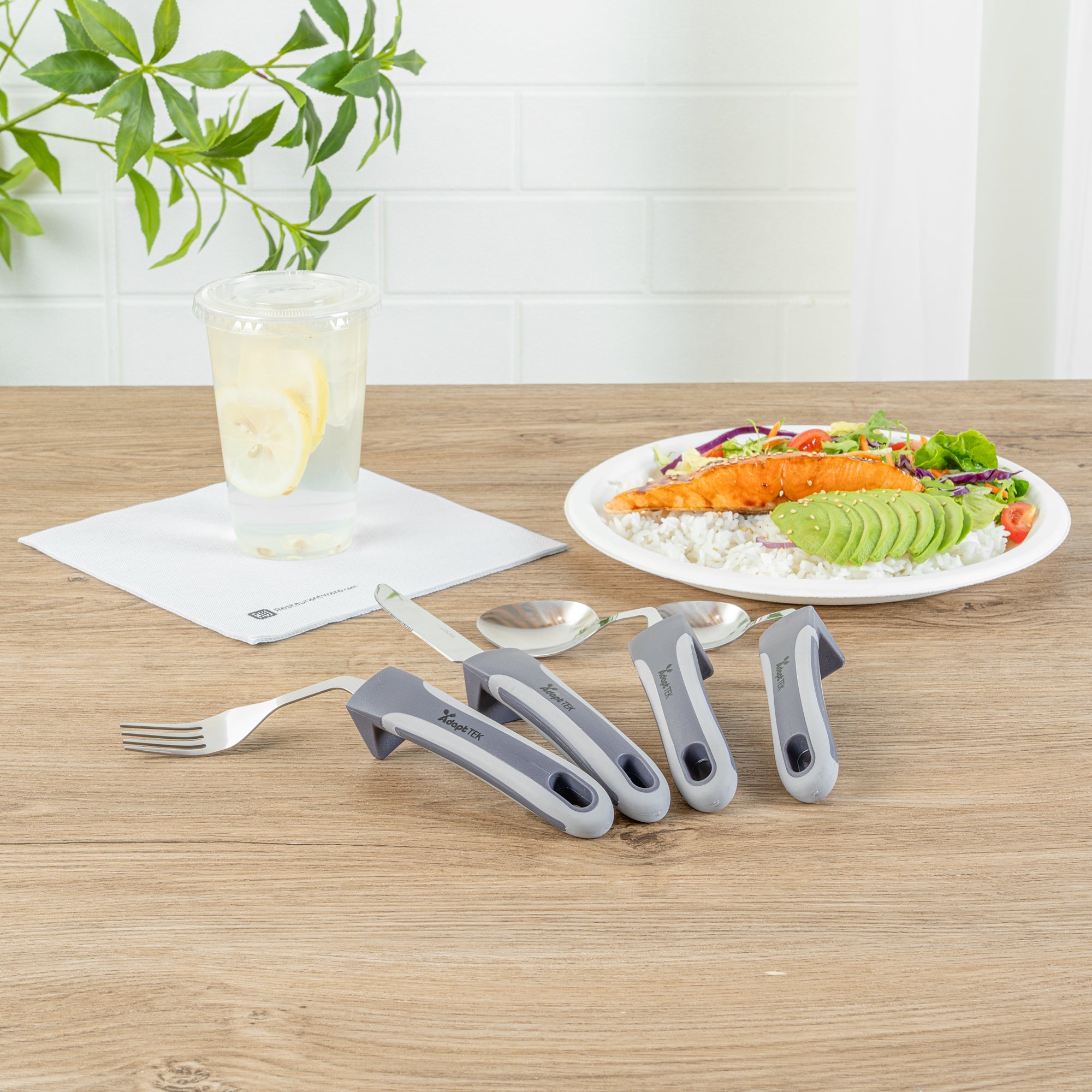 Adapt Tek Gray Stainless Steel 4-Piece Adaptive Offset Utensil Set - Right Hand, Lightweight, Non-Slip - 1 count box