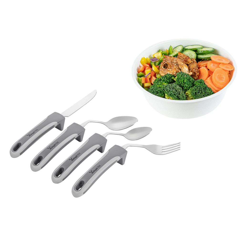 Adapt Tek Gray Stainless Steel 4-Piece Adaptive Offset Utensil Set - Left Hand, Lightweight, Non-Slip - 1 count box