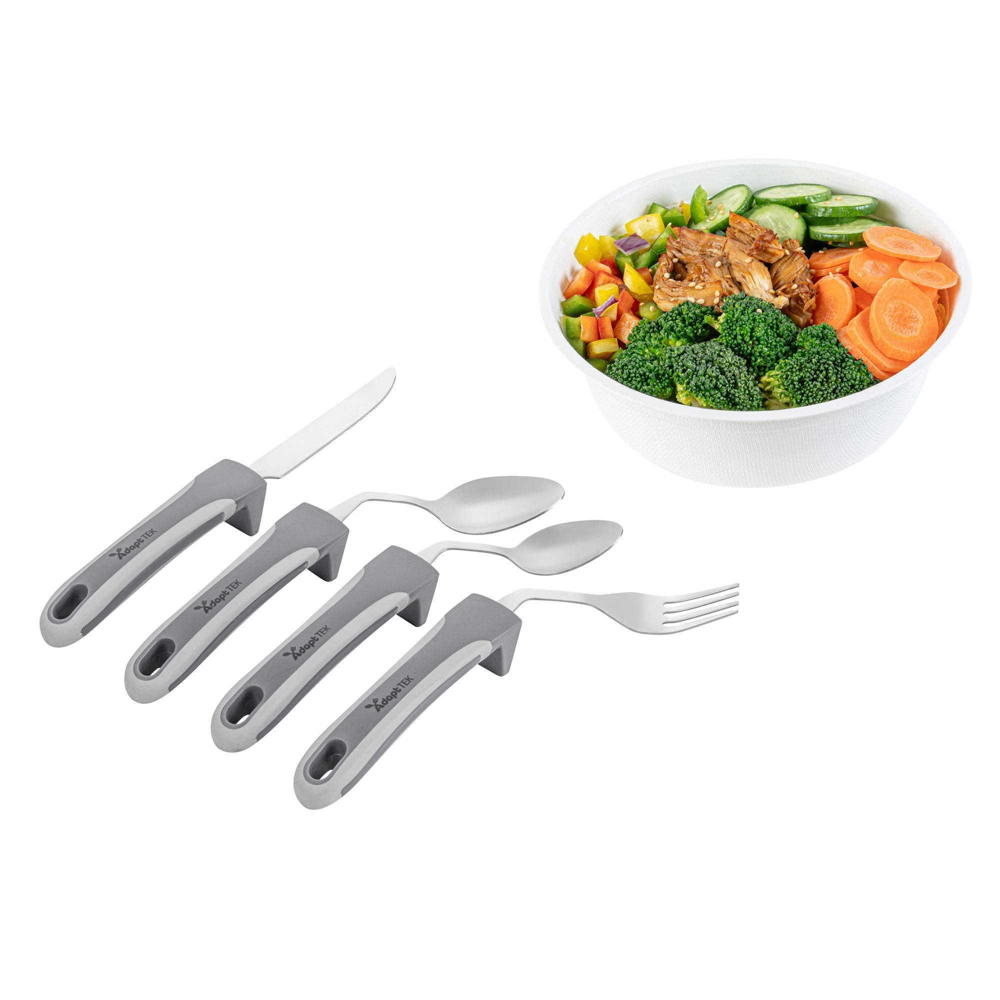 Adapt Tek Gray Stainless Steel 4-Piece Adaptive Offset Utensil Set - Left Hand, Lightweight, Non-Slip - 1 count box