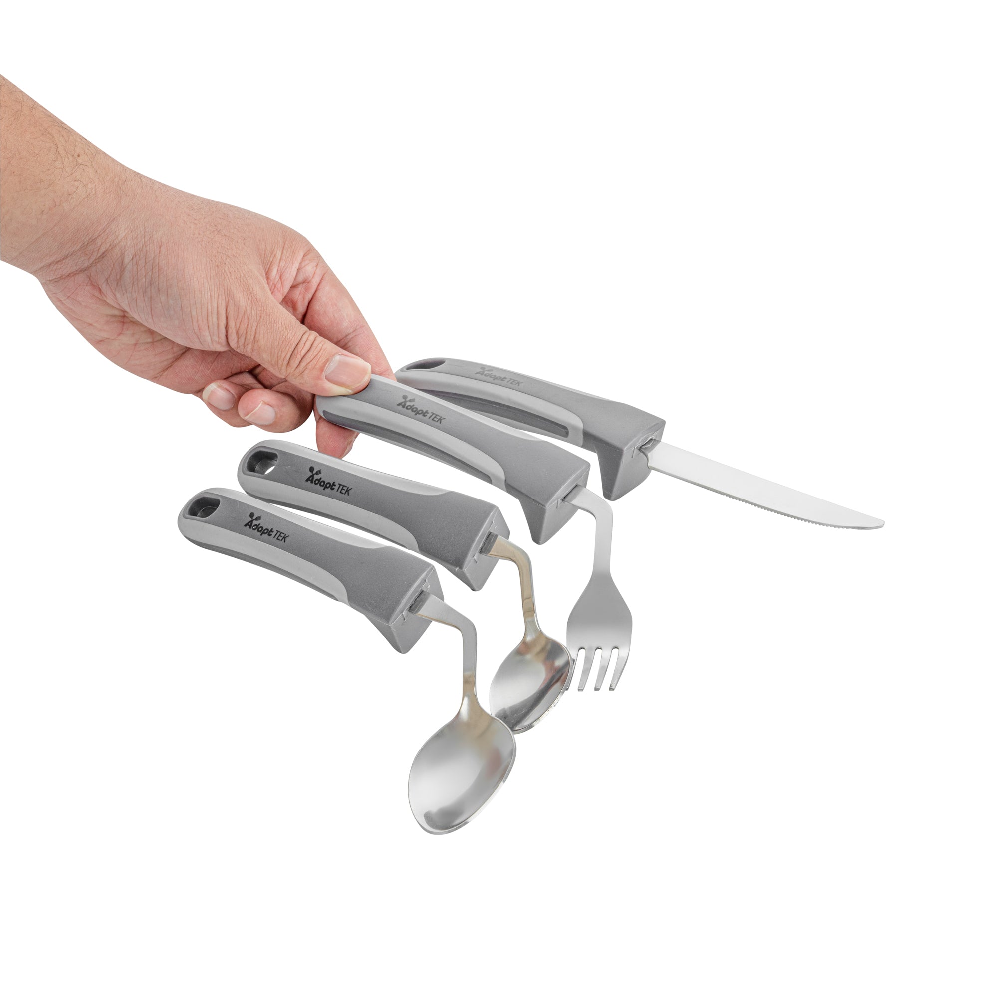 Adapt Tek Gray Stainless Steel 4-Piece Adaptive Offset Utensil Set - Left Hand, Lightweight, Non-Slip - 1 count box