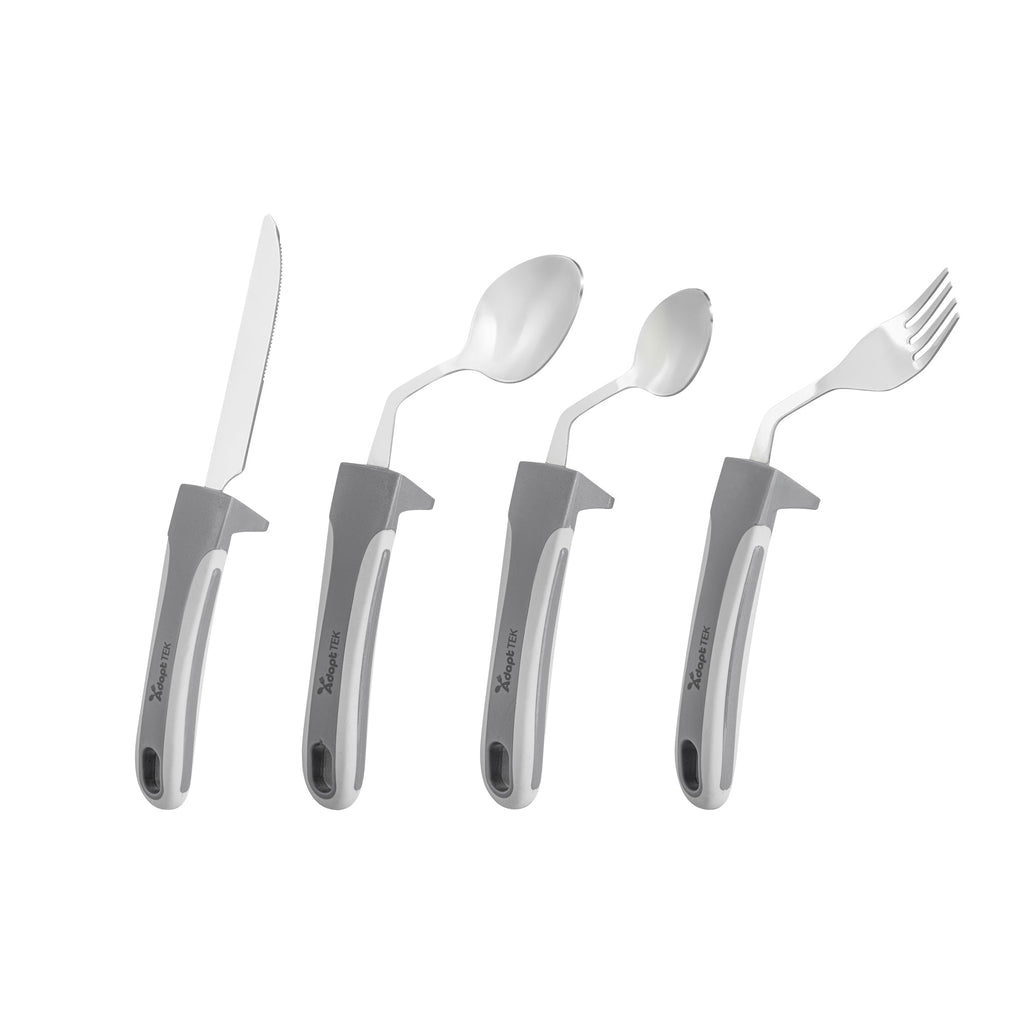 Adapt Tek Gray Stainless Steel 4-Piece Adaptive Offset Utensil Set - Left Hand, Lightweight, Non-Slip - 1 count box