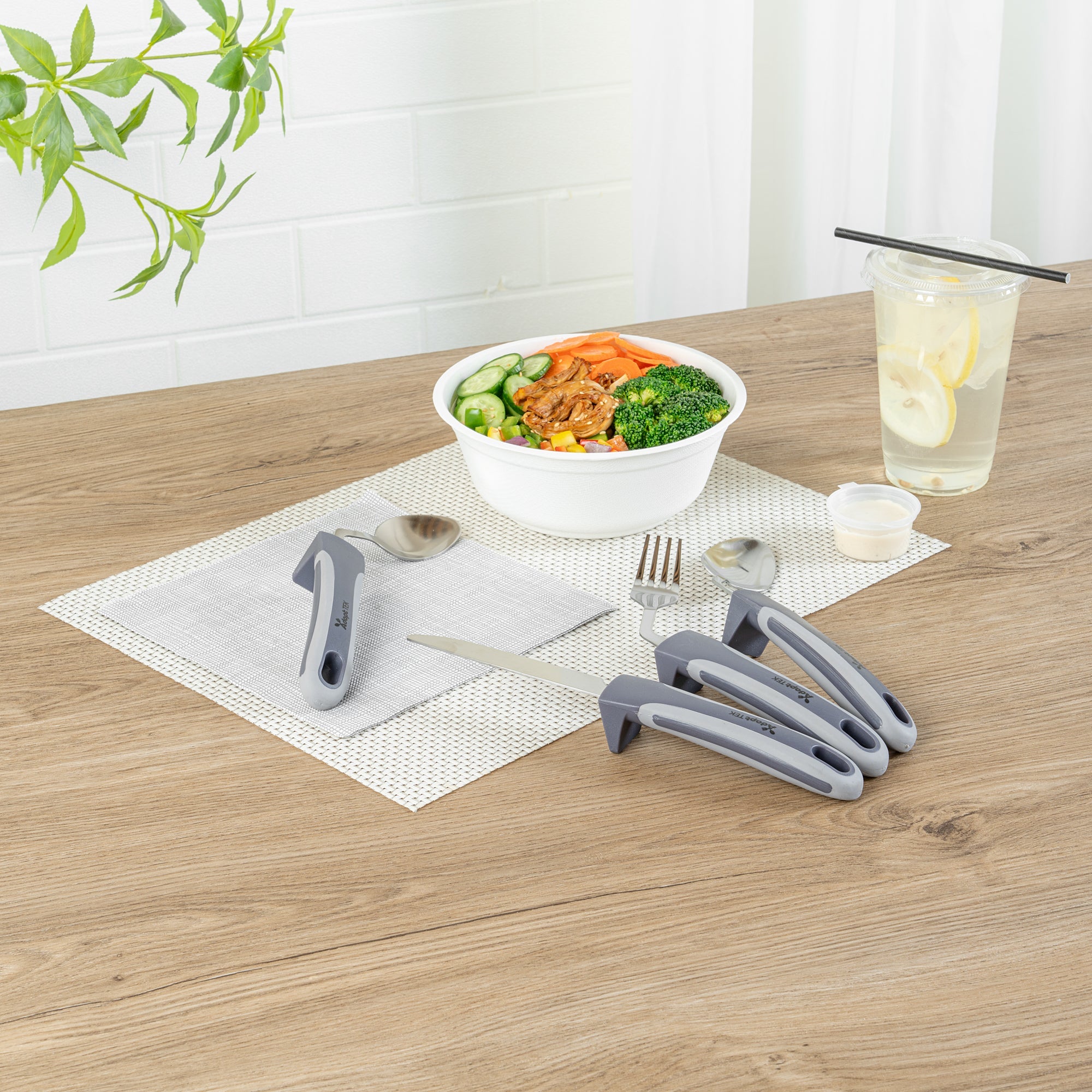 Adapt Tek Gray Stainless Steel 4-Piece Adaptive Offset Utensil Set - Left Hand, Lightweight, Non-Slip - 1 count box