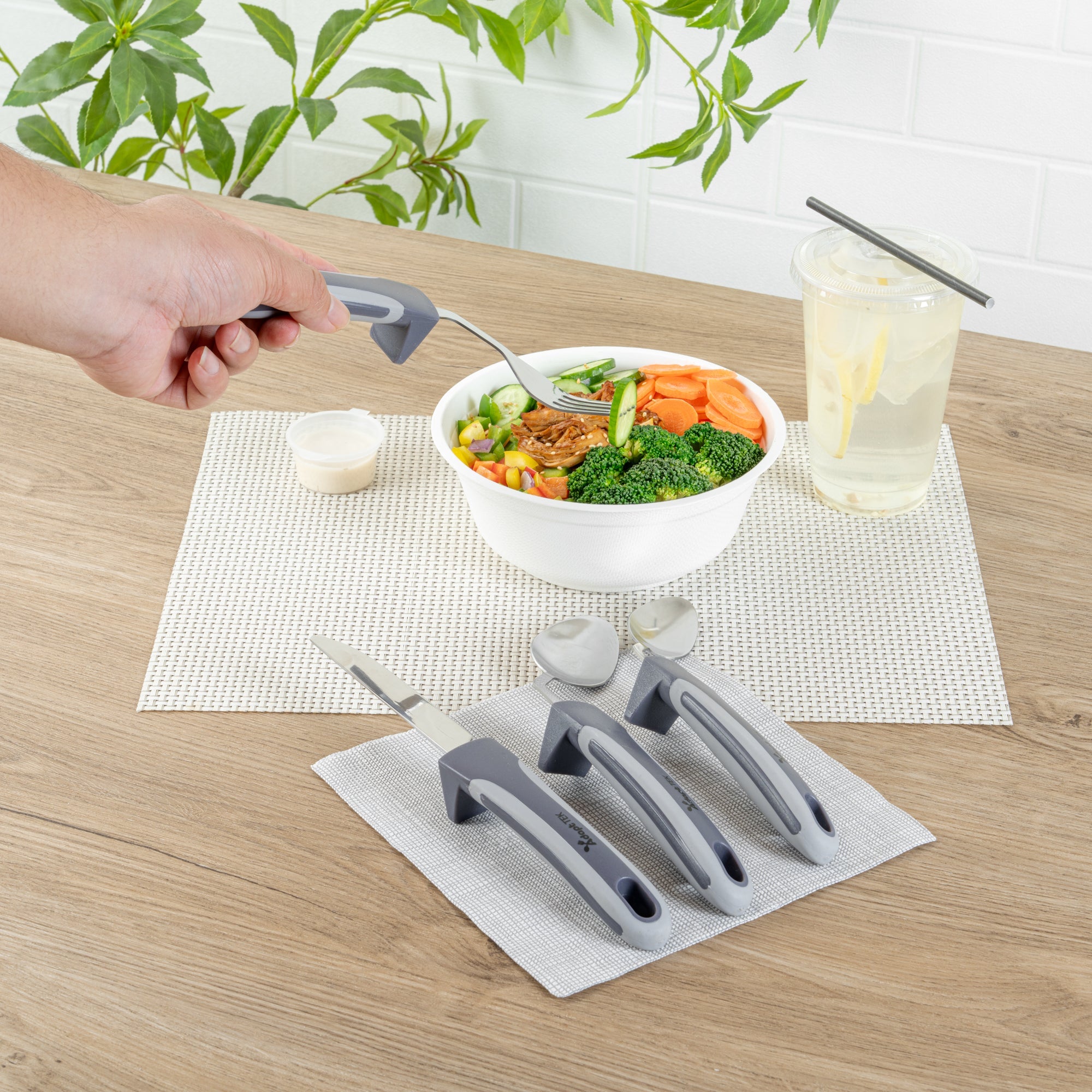 Adapt Tek Gray Stainless Steel 4-Piece Adaptive Offset Utensil Set - Left Hand, Lightweight, Non-Slip - 1 count box