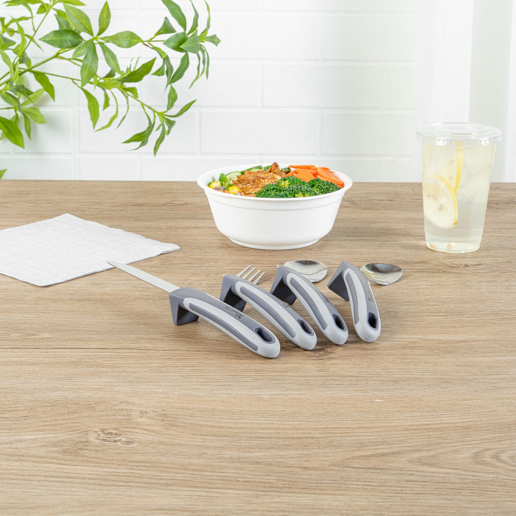 Adapt Tek Gray Stainless Steel 4-Piece Adaptive Offset Utensil Set - Left Hand, Lightweight, Non-Slip - 1 count box