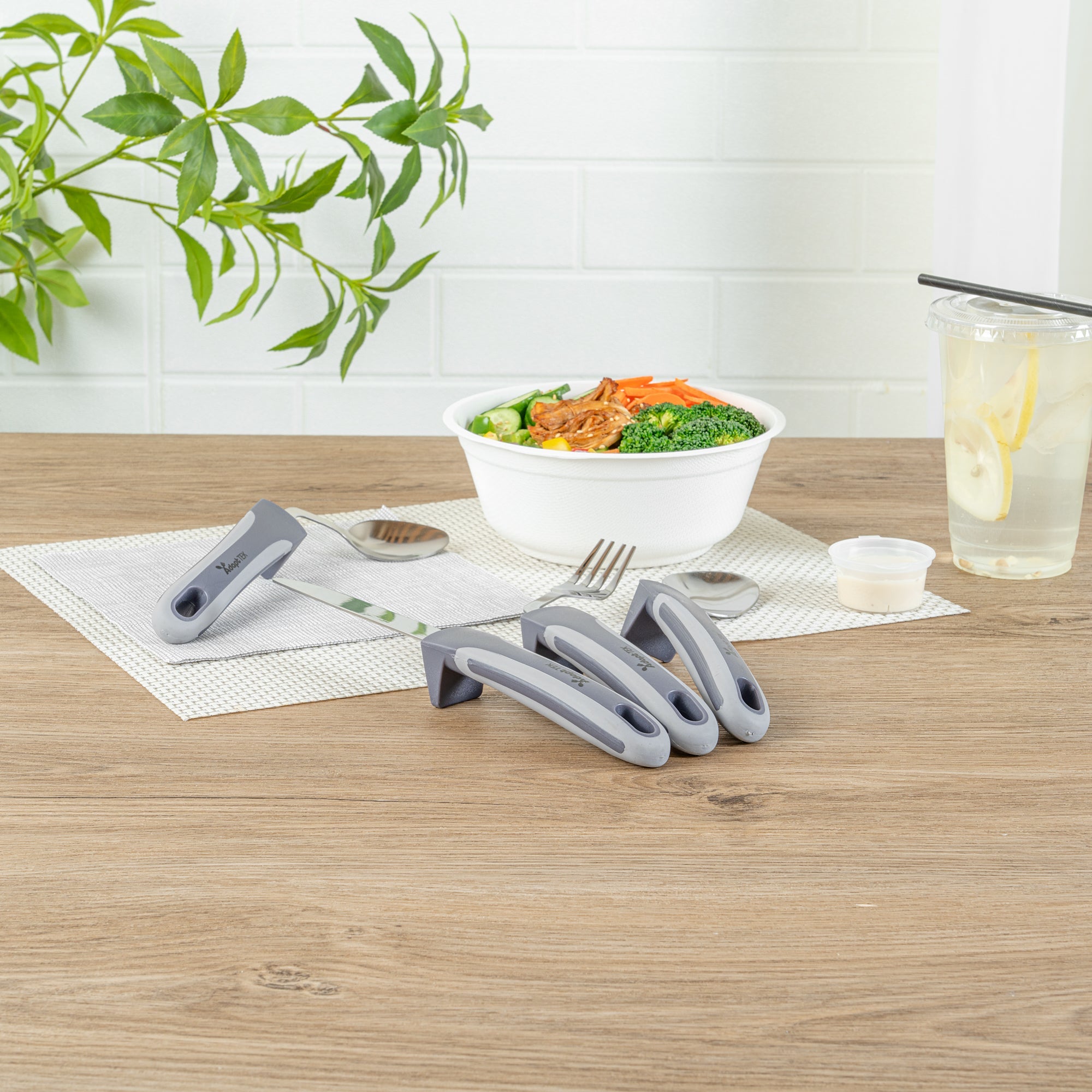 Adapt Tek Gray Stainless Steel 4-Piece Adaptive Offset Utensil Set - Left Hand, Lightweight, Non-Slip - 1 count box