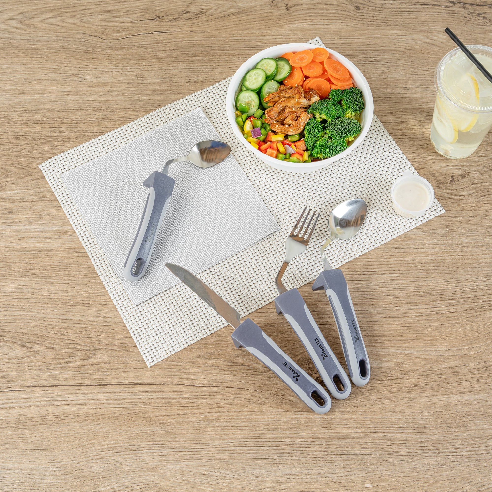 Adapt Tek Gray Stainless Steel 4-Piece Adaptive Offset Utensil Set - Left Hand, Lightweight, Non-Slip - 1 count box
