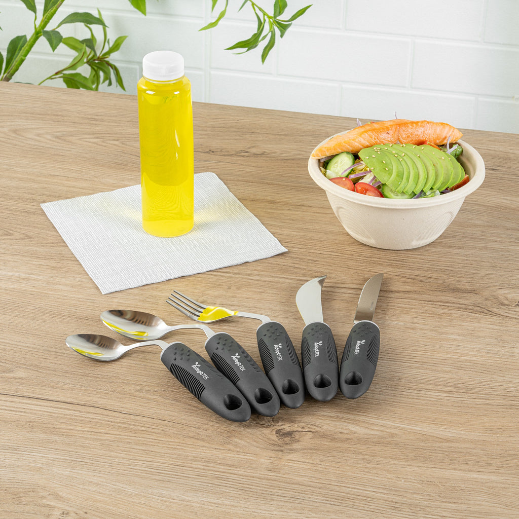 Adapt Tek Black Stainless Steel 5-Piece Adaptive Offset Utensil Set - Right Hand, Lightweight, Non-Slip - 1 count box