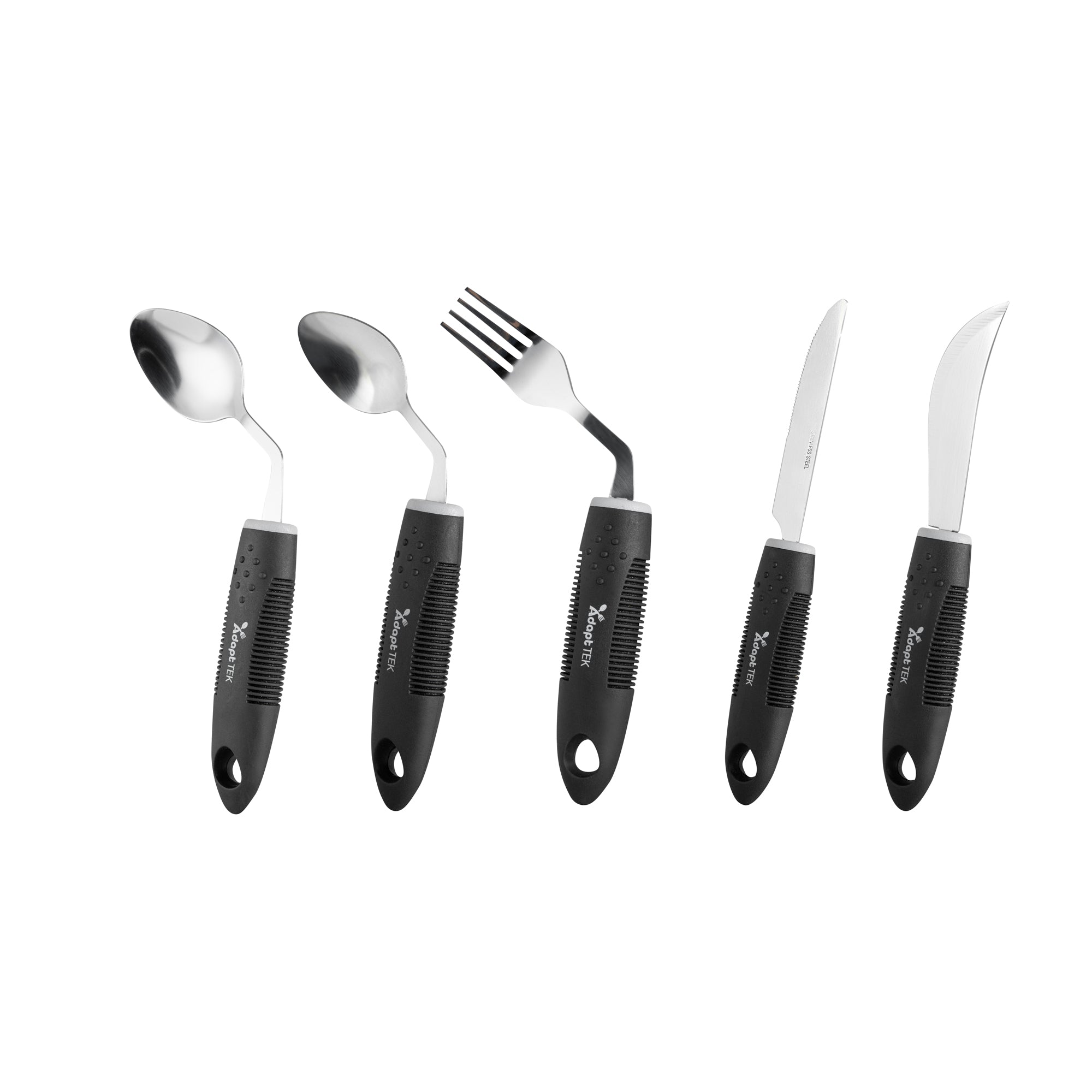 Adapt Tek Black Stainless Steel 5-Piece Adaptive Offset Utensil Set - Right Hand, Lightweight, Non-Slip - 1 count box