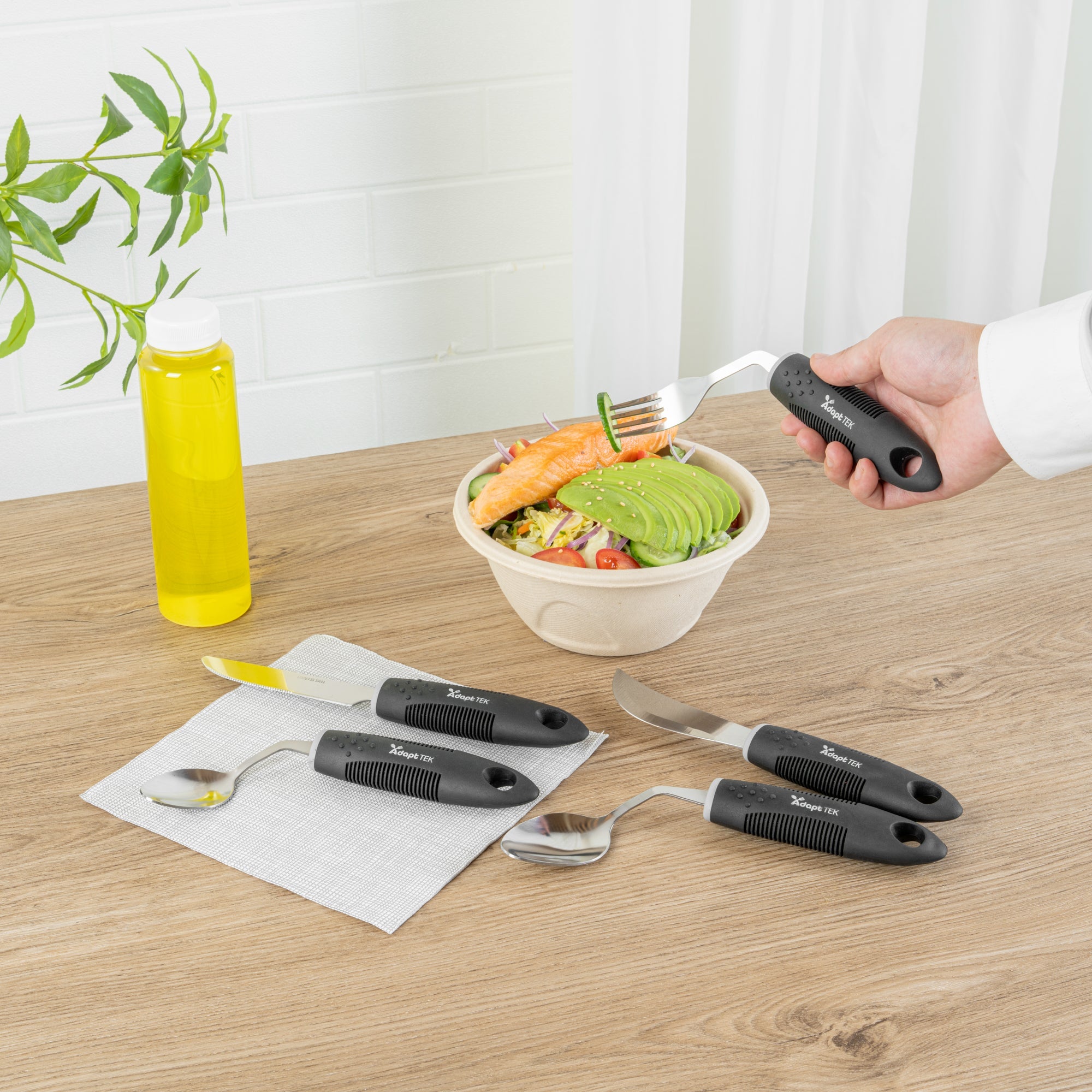 Adapt Tek Black Stainless Steel 5-Piece Adaptive Offset Utensil Set - Right Hand, Lightweight, Non-Slip - 1 count box
