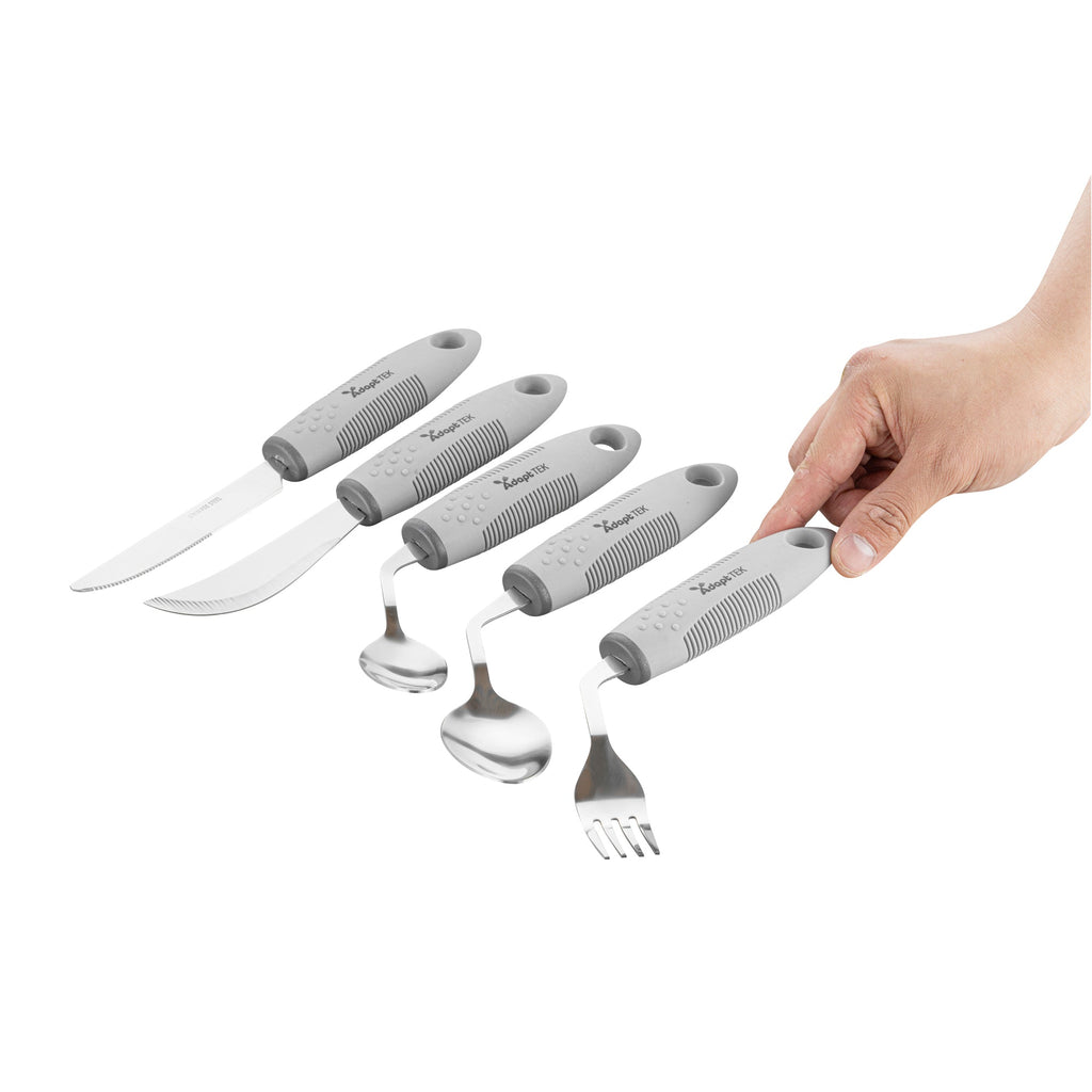 Adapt Tek Gray Stainless Steel 5-Piece Adaptive Offset Utensil Set - Right Hand, Lightweight, Non-Slip - 1 count box