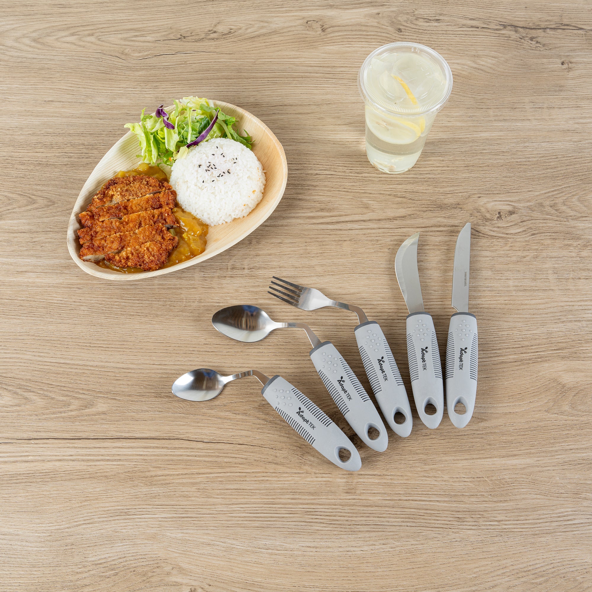 Adapt Tek Gray Stainless Steel 5-Piece Adaptive Offset Utensil Set - Right Hand, Lightweight, Non-Slip - 1 count box