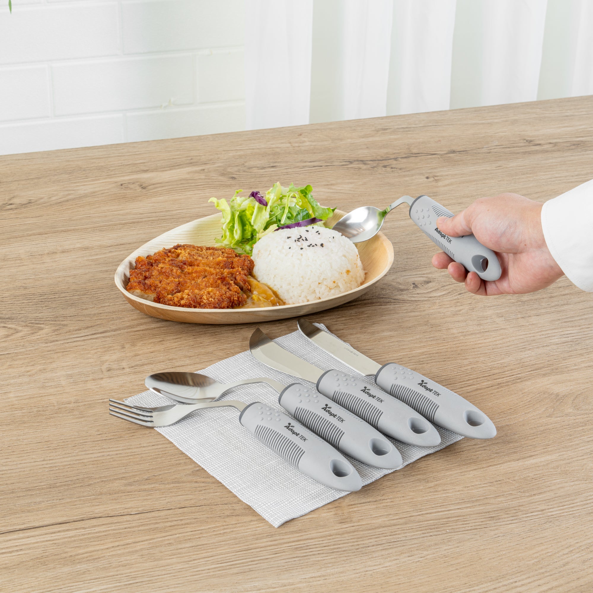 Adapt Tek Gray Stainless Steel 5-Piece Adaptive Offset Utensil Set - Right Hand, Lightweight, Non-Slip - 1 count box
