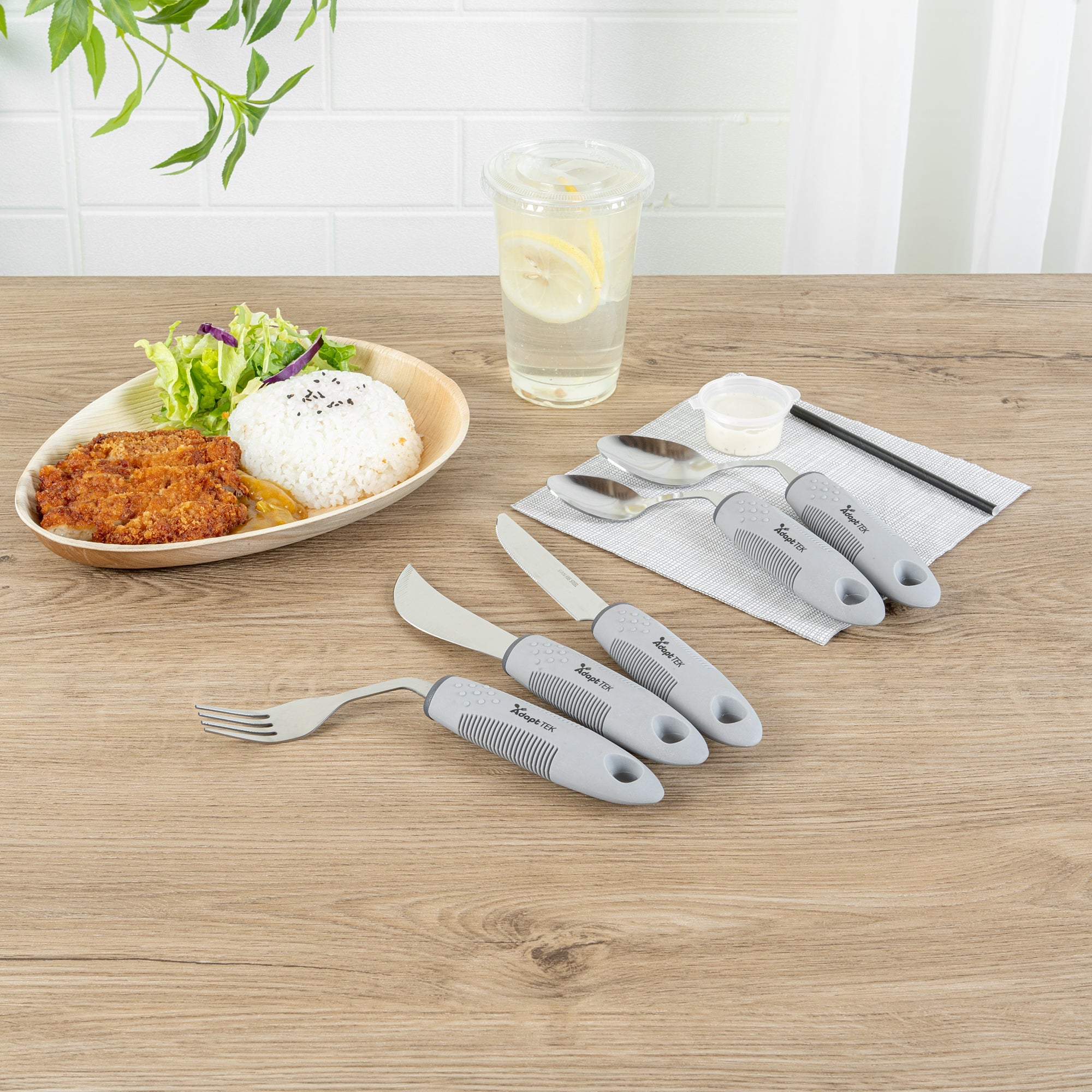 Adapt Tek Gray Stainless Steel 5-Piece Adaptive Offset Utensil Set - Right Hand, Lightweight, Non-Slip - 1 count box