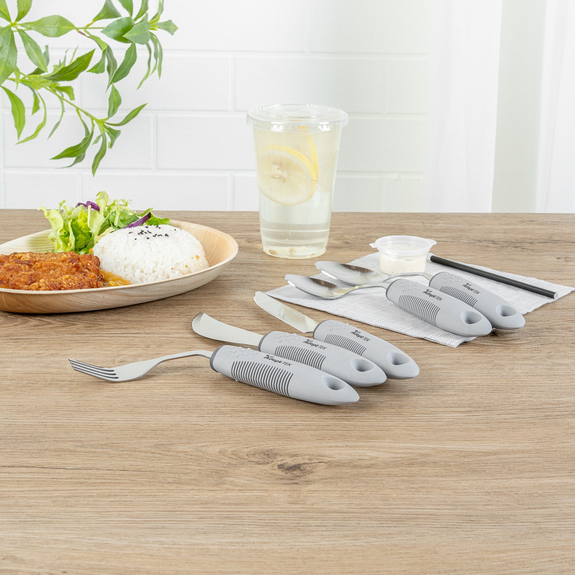 Adapt Tek Gray Stainless Steel 5-Piece Adaptive Offset Utensil Set - Right Hand, Lightweight, Non-Slip - 1 count box