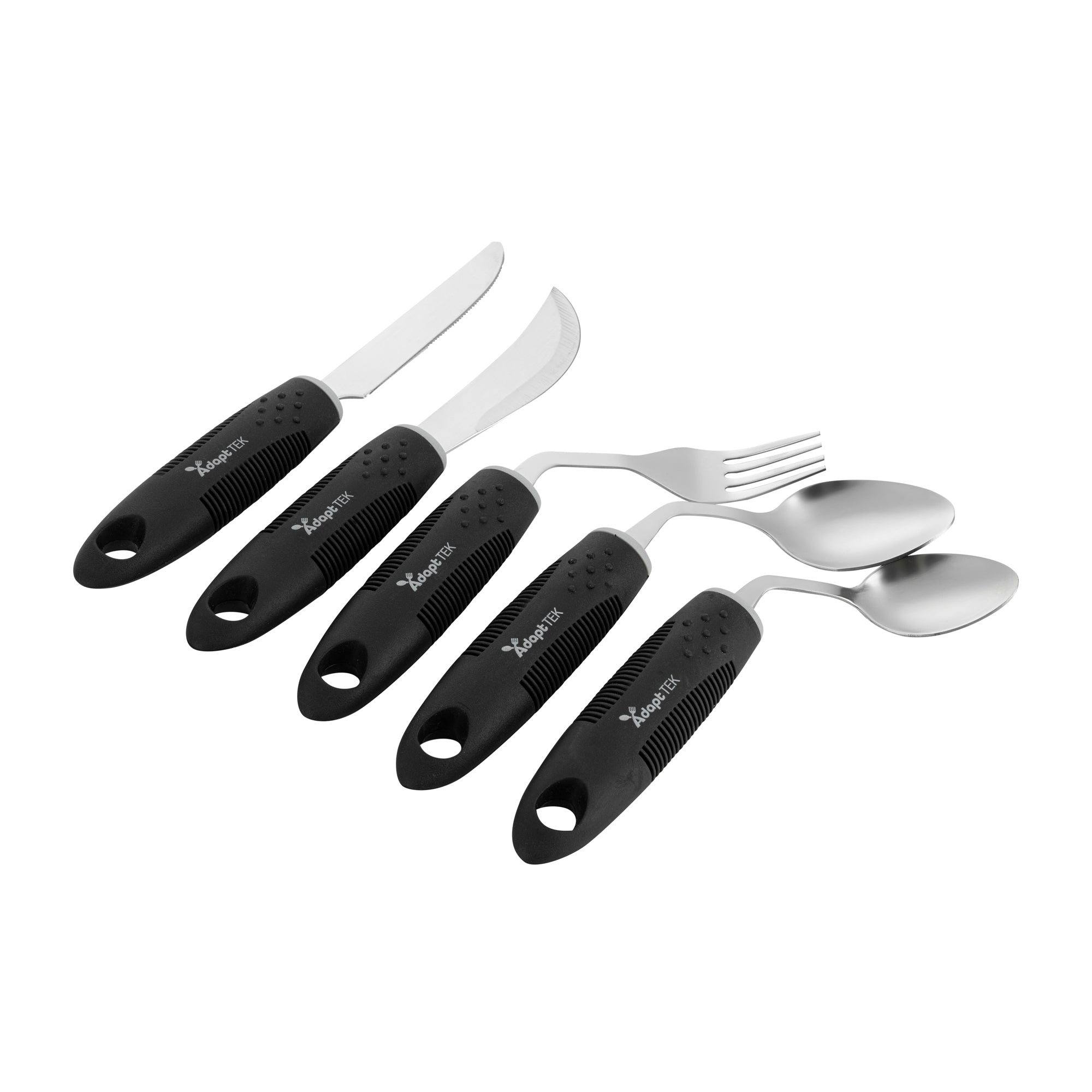 Adapt Tek Black Stainless Steel 5-Piece Adaptive Offset Utensil Set - Left Hand, Lightweight, Non-Slip - 1 count box
