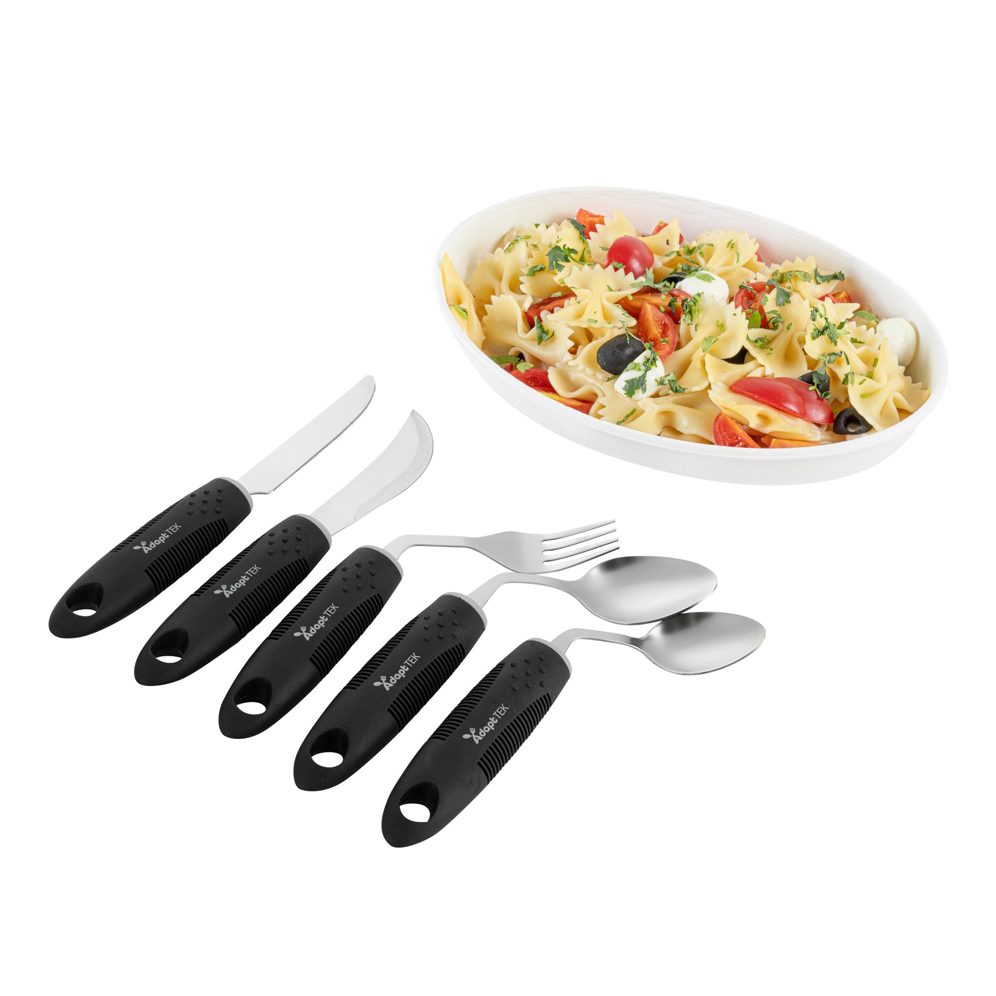 Adapt Tek Black Stainless Steel 5-Piece Adaptive Offset Utensil Set - Left Hand, Lightweight, Non-Slip - 1 count box