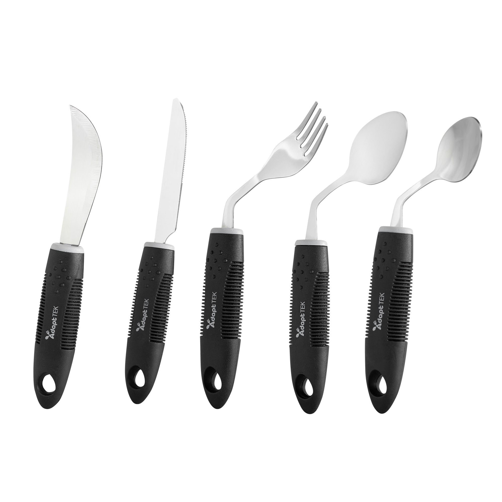 Adapt Tek Black Stainless Steel 5-Piece Adaptive Offset Utensil Set - Left Hand, Lightweight, Non-Slip - 1 count box