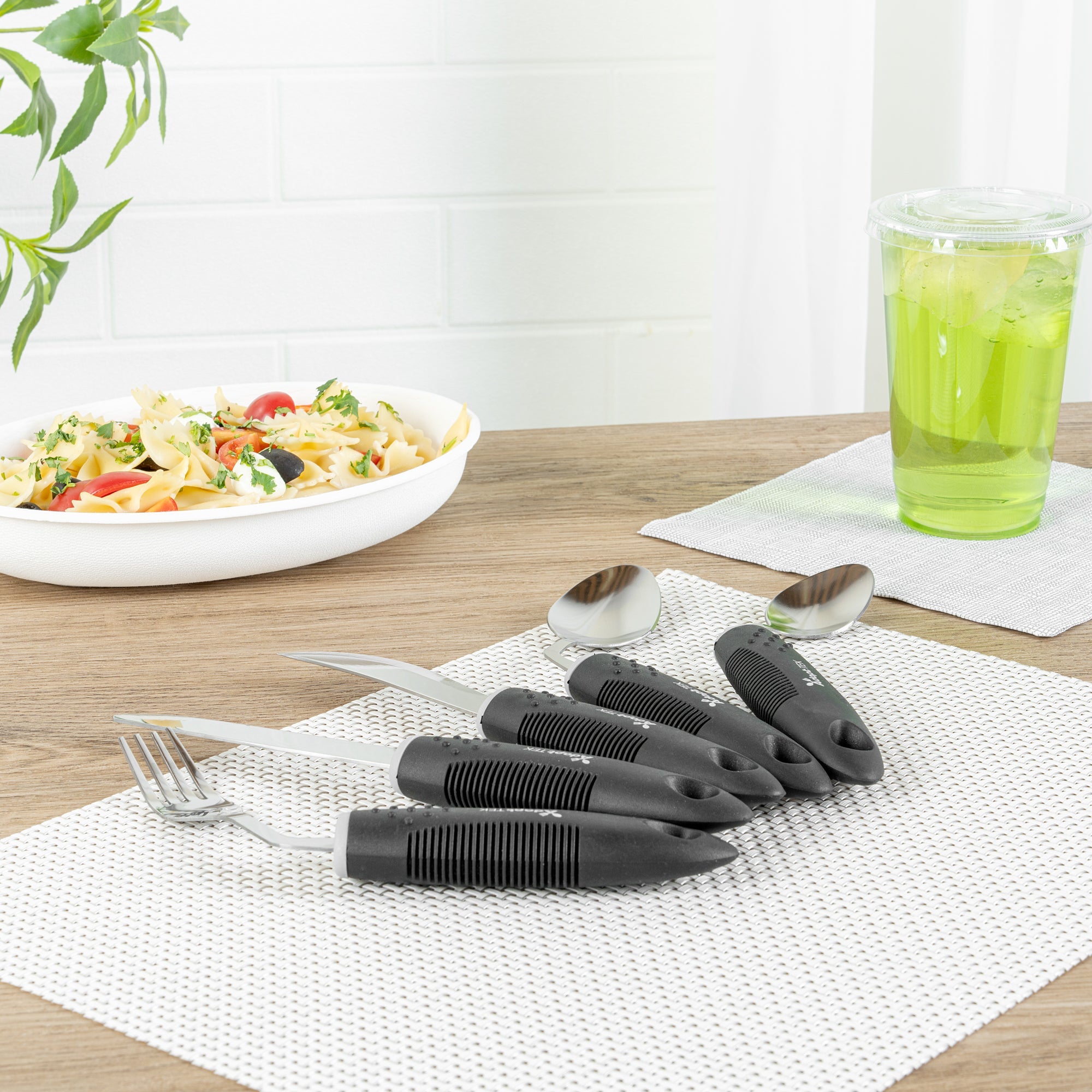 Adapt Tek Black Stainless Steel 5-Piece Adaptive Offset Utensil Set - Left Hand, Lightweight, Non-Slip - 1 count box