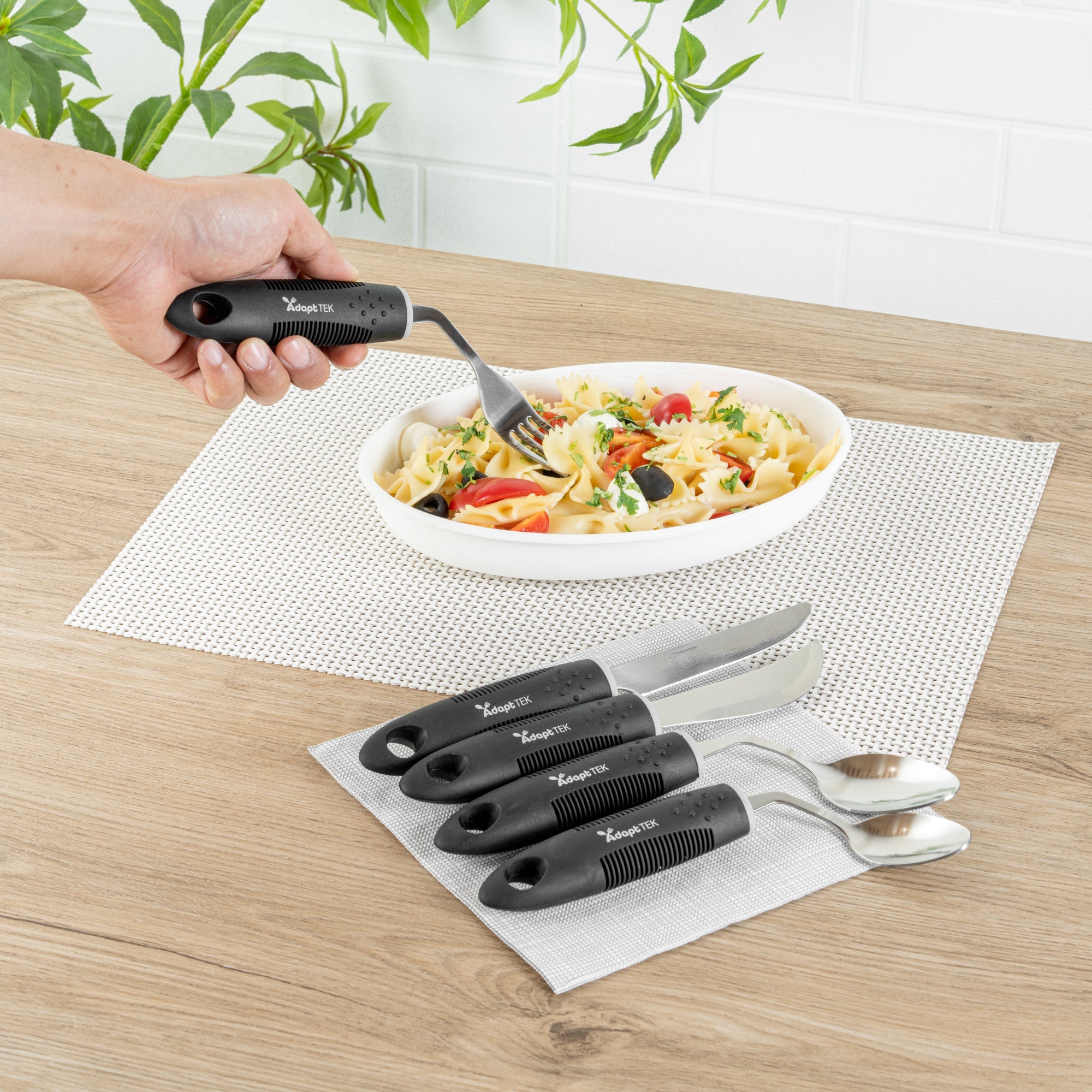 Adapt Tek Black Stainless Steel 5-Piece Adaptive Offset Utensil Set - Left Hand, Lightweight, Non-Slip - 1 count box
