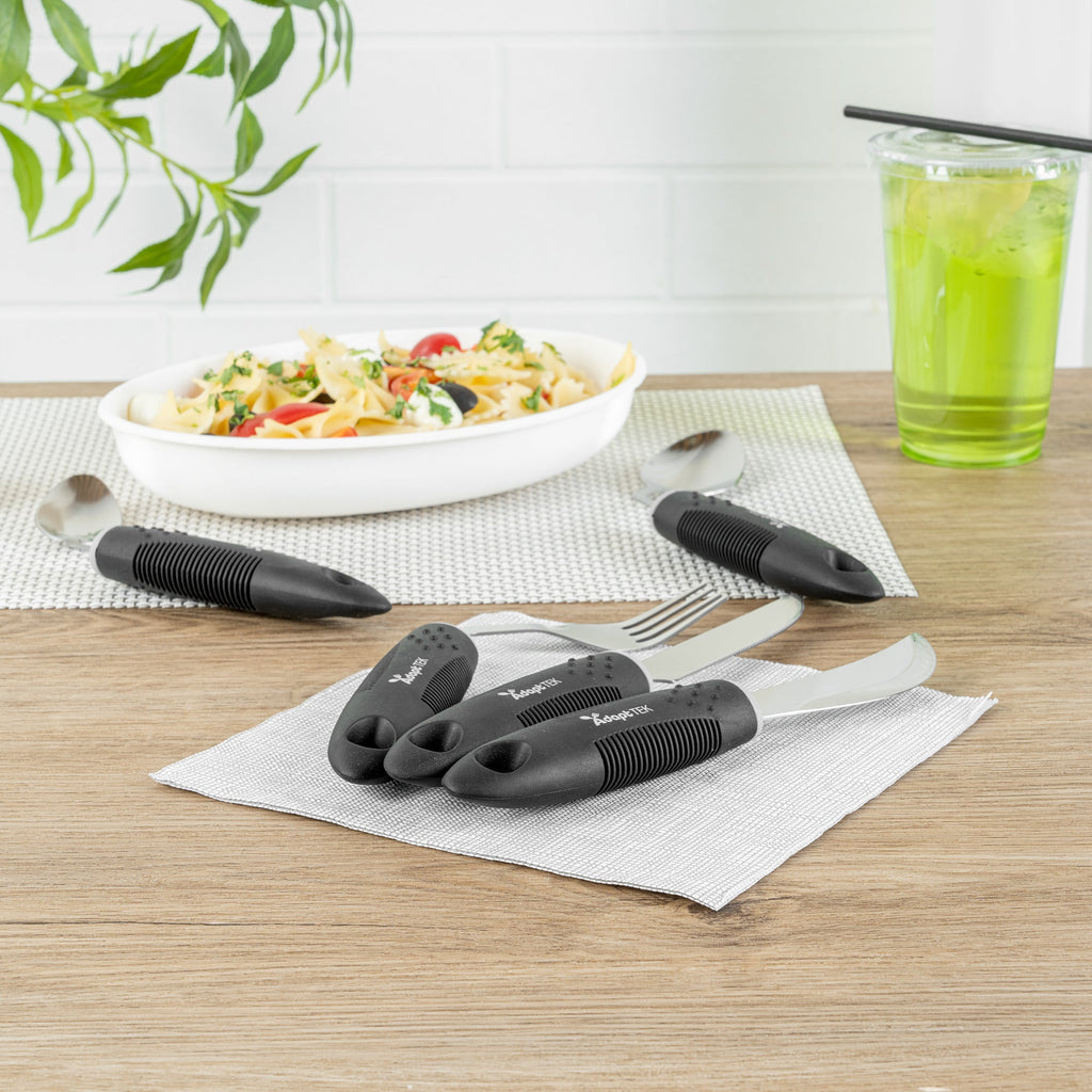Adapt Tek Black Stainless Steel 5-Piece Adaptive Offset Utensil Set - Left Hand, Lightweight, Non-Slip - 1 count box