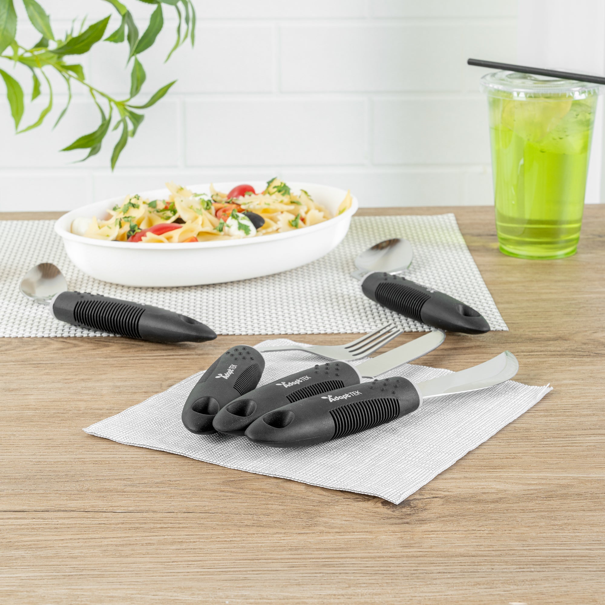 Adapt Tek Black Stainless Steel 5-Piece Adaptive Offset Utensil Set - Left Hand, Lightweight, Non-Slip - 1 count box