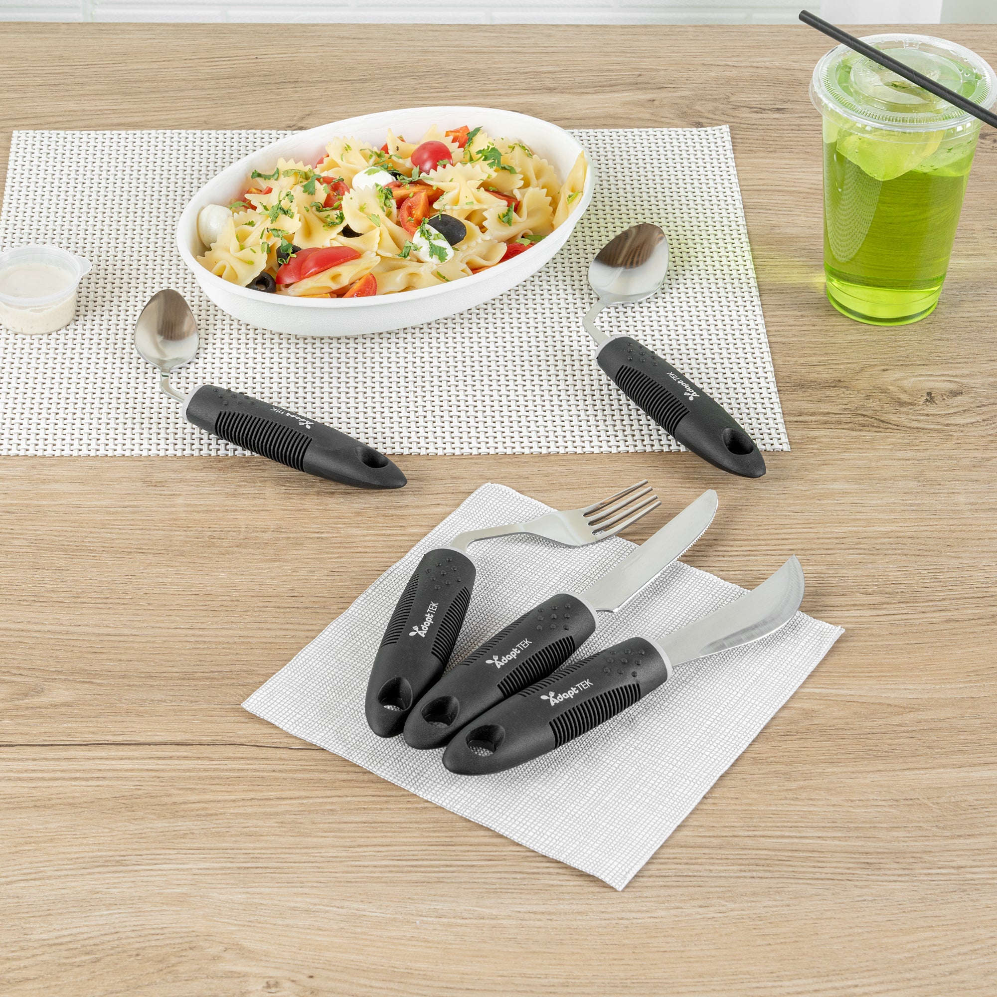 Adapt Tek Black Stainless Steel 5-Piece Adaptive Offset Utensil Set - Left Hand, Lightweight, Non-Slip - 1 count box