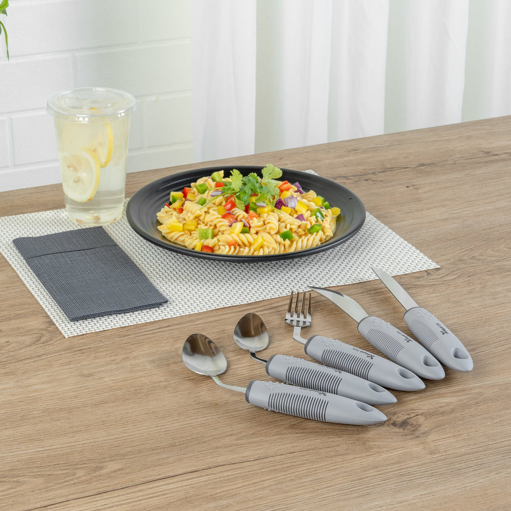 Adapt Tek Gray Stainless Steel 5-Piece Adaptive Offset Utensil Set - Left Hand, Lightweight, Non-Slip - 1 count box