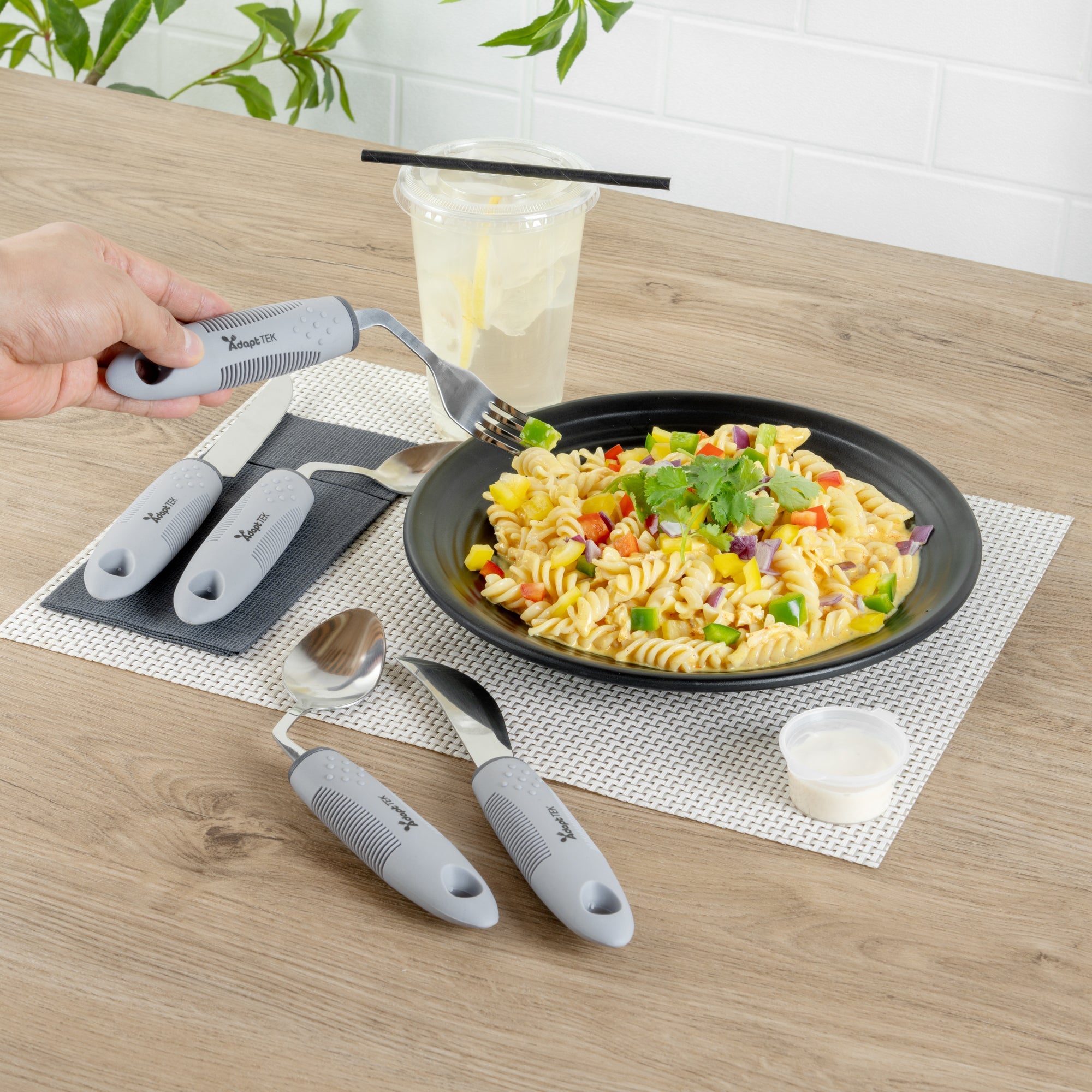 Adapt Tek Gray Stainless Steel 5-Piece Adaptive Offset Utensil Set - Left Hand, Lightweight, Non-Slip - 1 count box