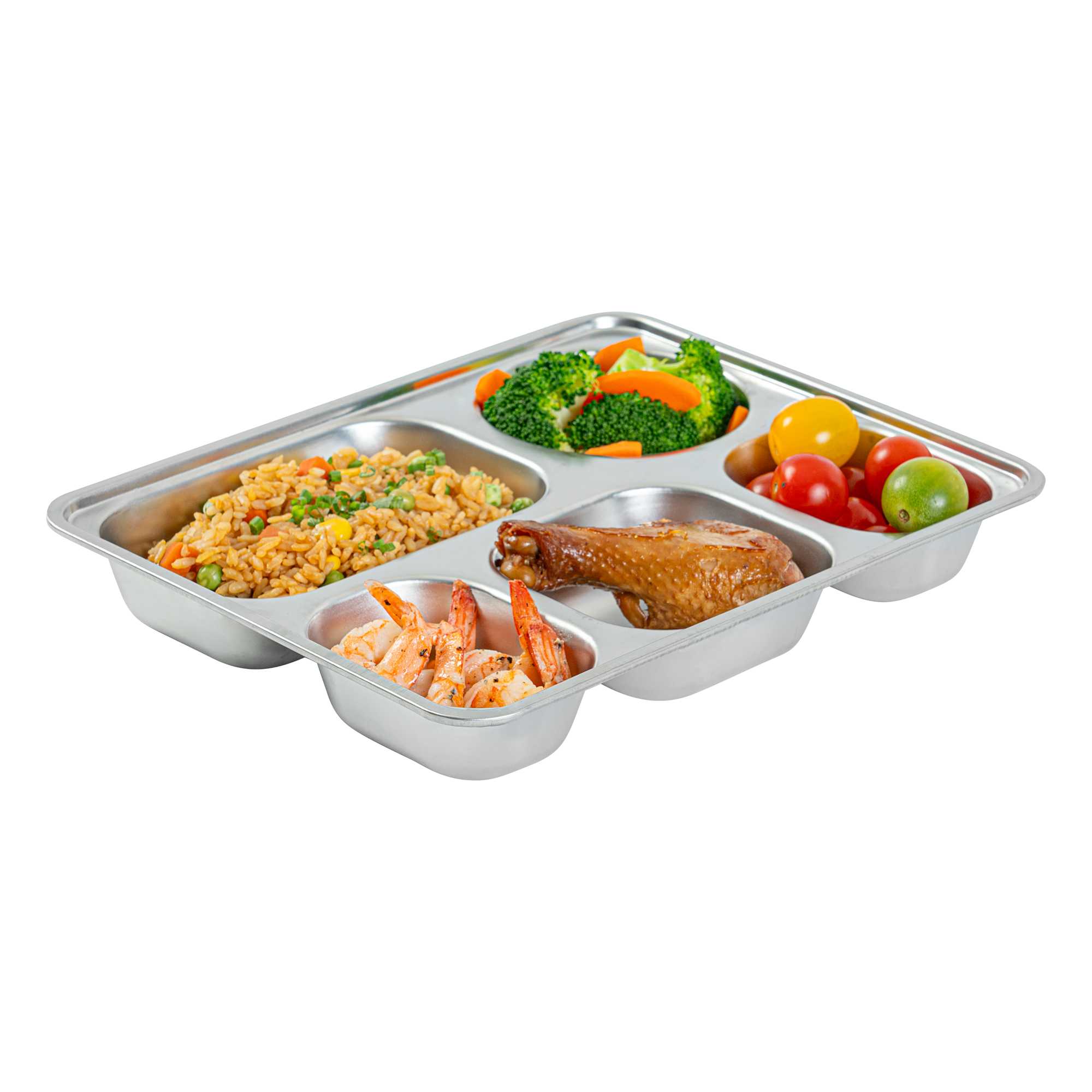 Met Lux Ambidextrous Rectangle Stainless Steel Tray - 5 Compartments - 11" x 8 3/4" x 1 3/4" - 2 count box
