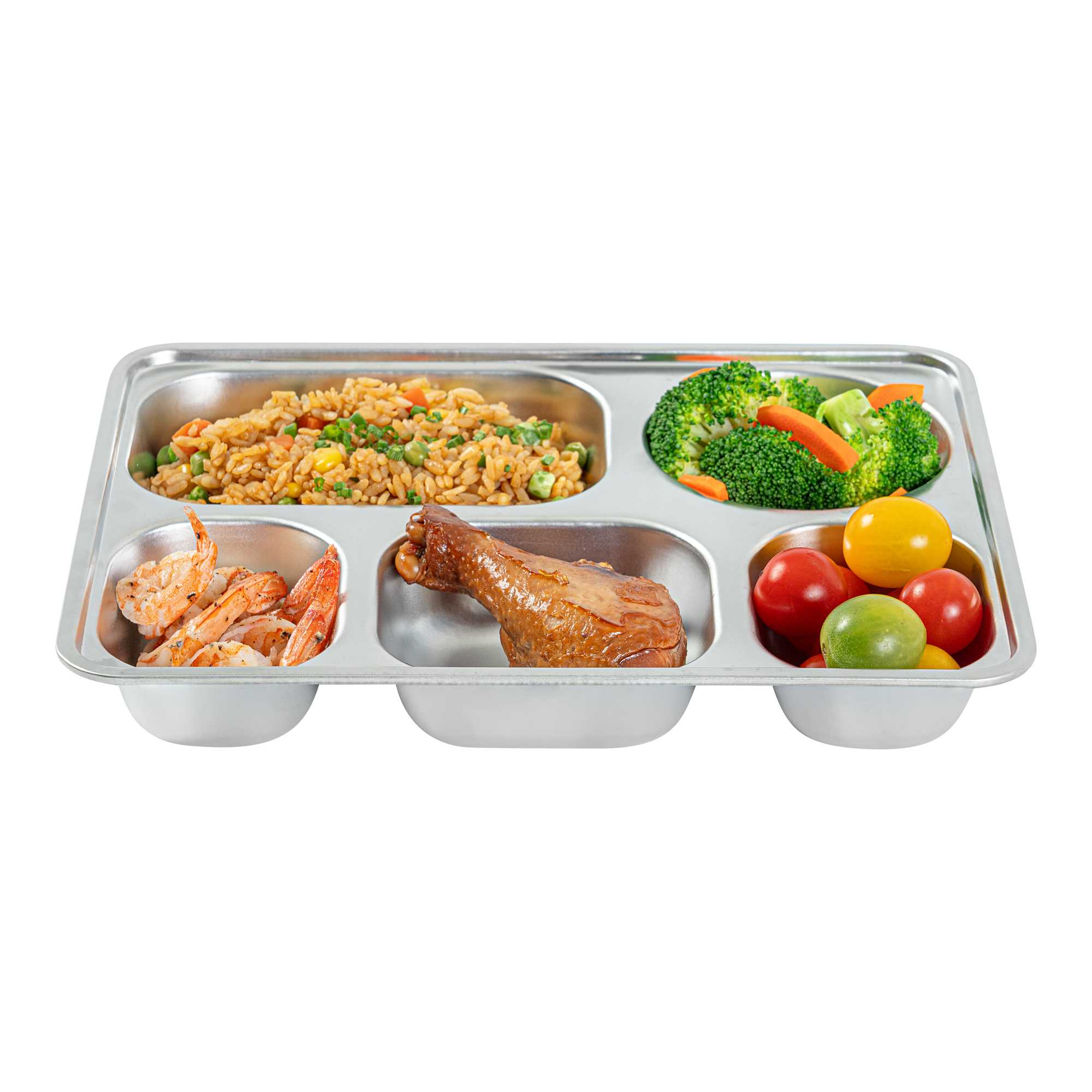 Met Lux Ambidextrous Rectangle Stainless Steel Tray - 5 Compartments - 11" x 8 3/4" x 1 3/4" - 2 count box