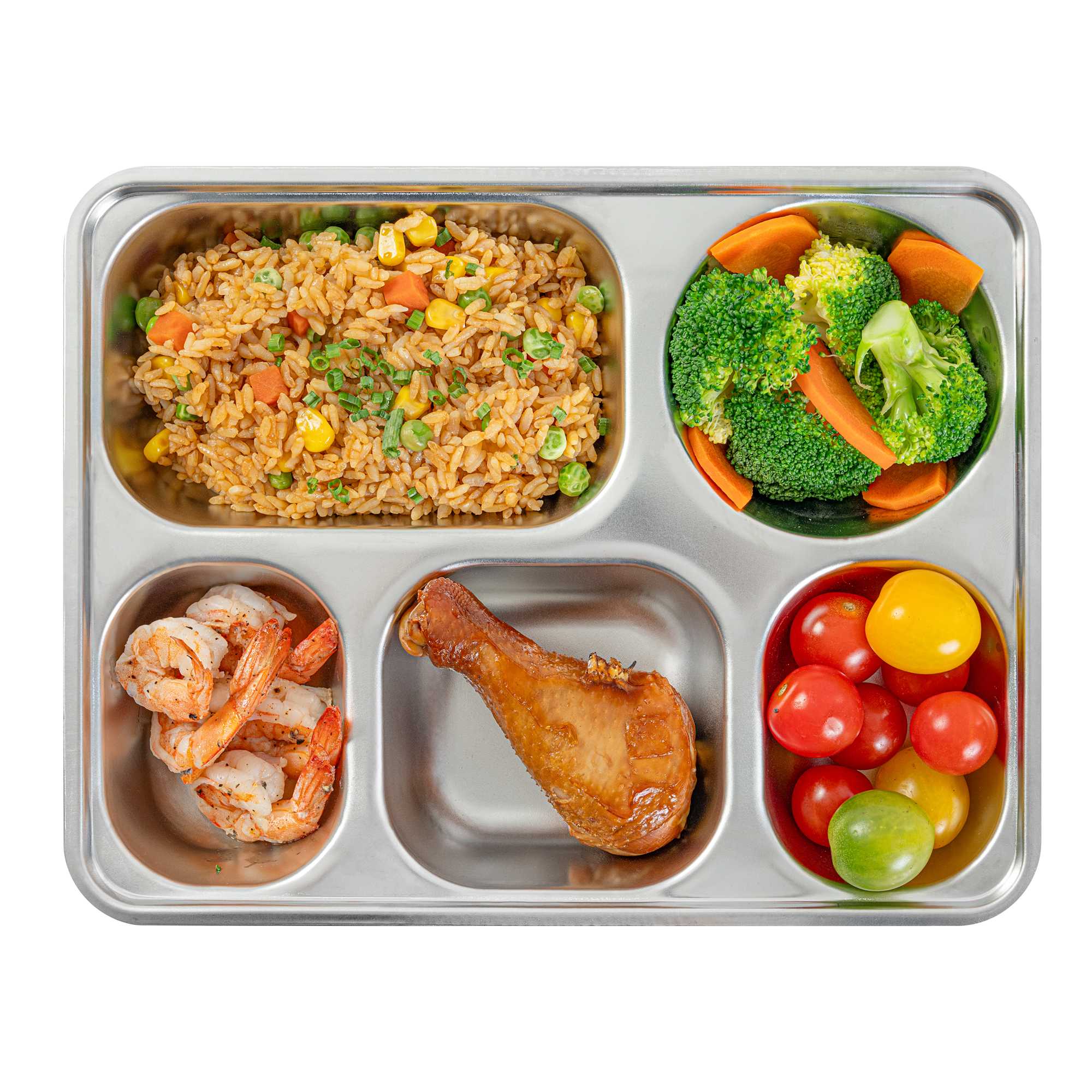 Met Lux Ambidextrous Rectangle Stainless Steel Tray - 5 Compartments - 11" x 8 3/4" x 1 3/4" - 2 count box
