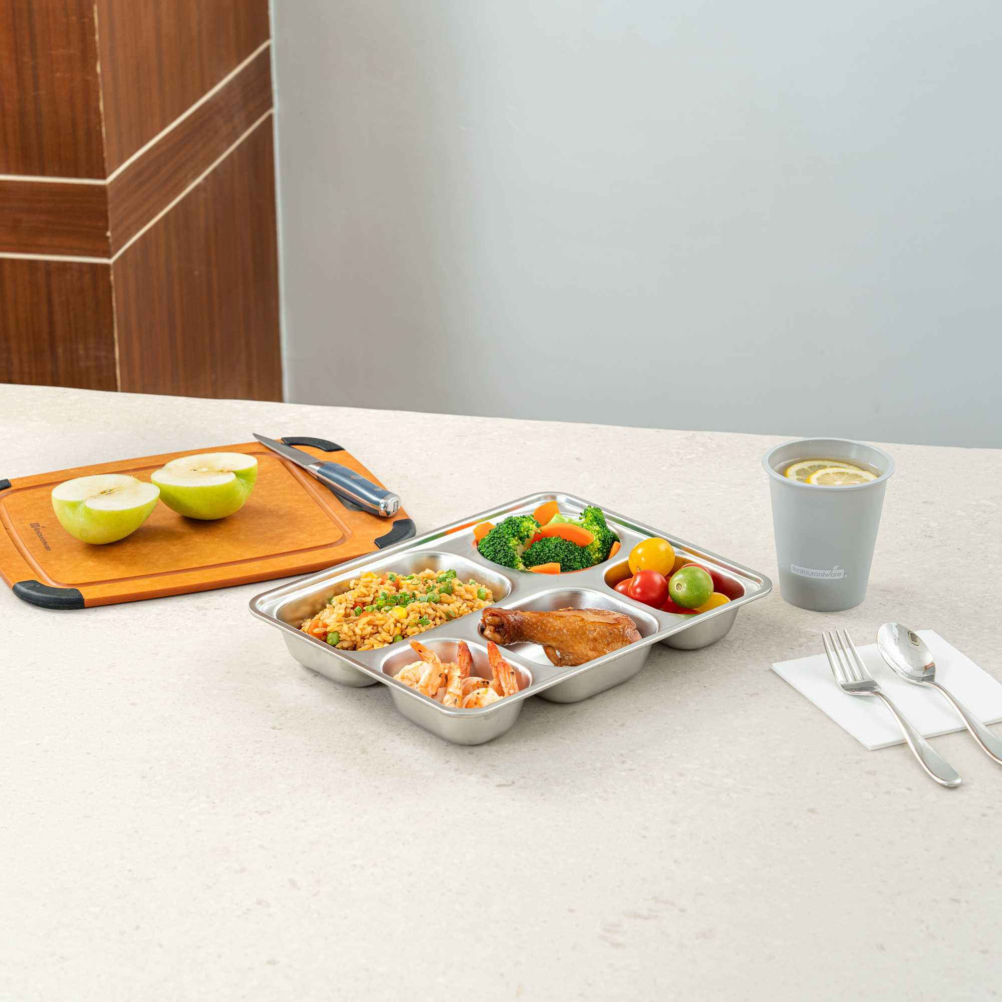 Met Lux Ambidextrous Rectangle Stainless Steel Tray - 5 Compartments - 11" x 8 3/4" x 1 3/4" - 2 count box