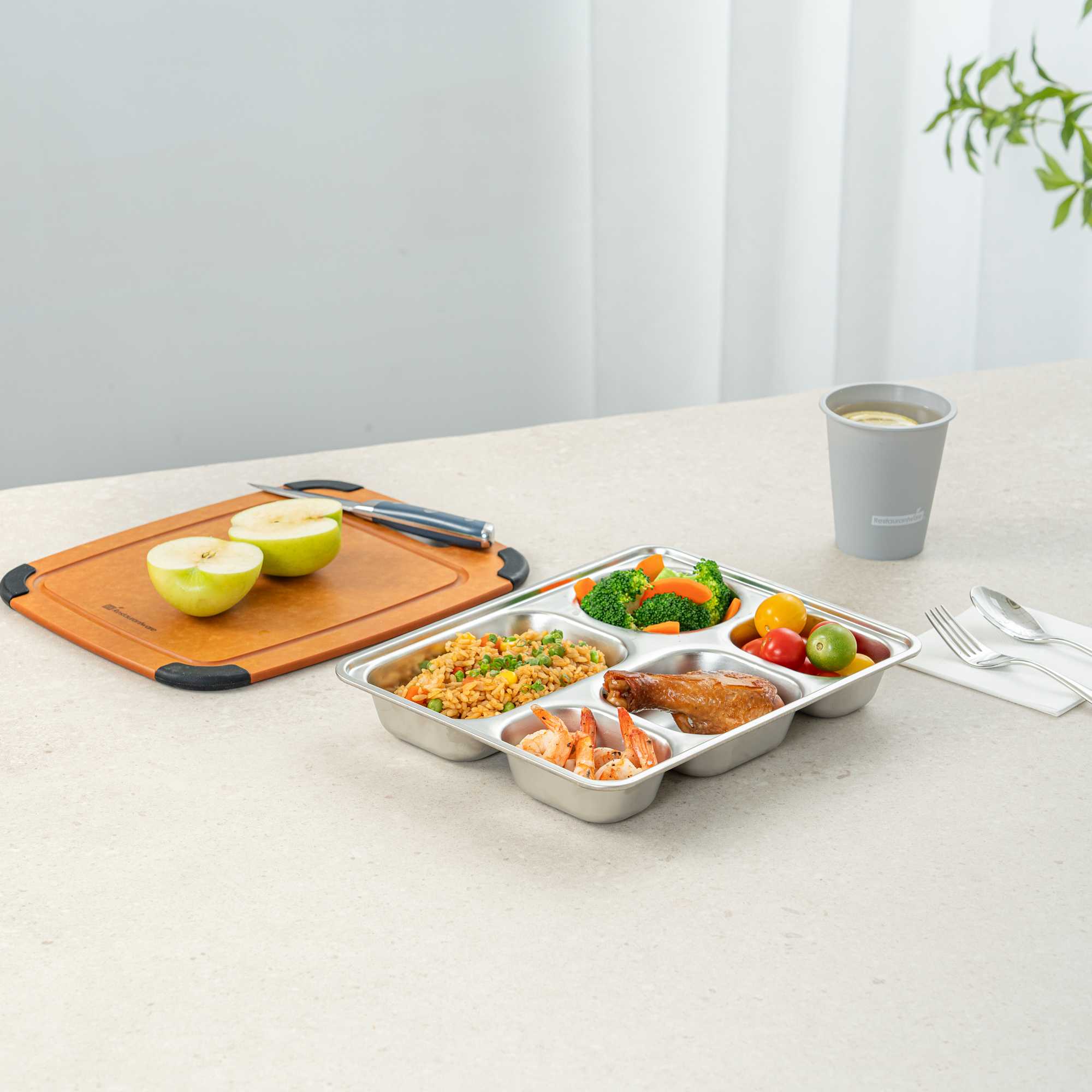 Met Lux Ambidextrous Rectangle Stainless Steel Tray - 5 Compartments - 11" x 8 3/4" x 1 3/4" - 2 count box