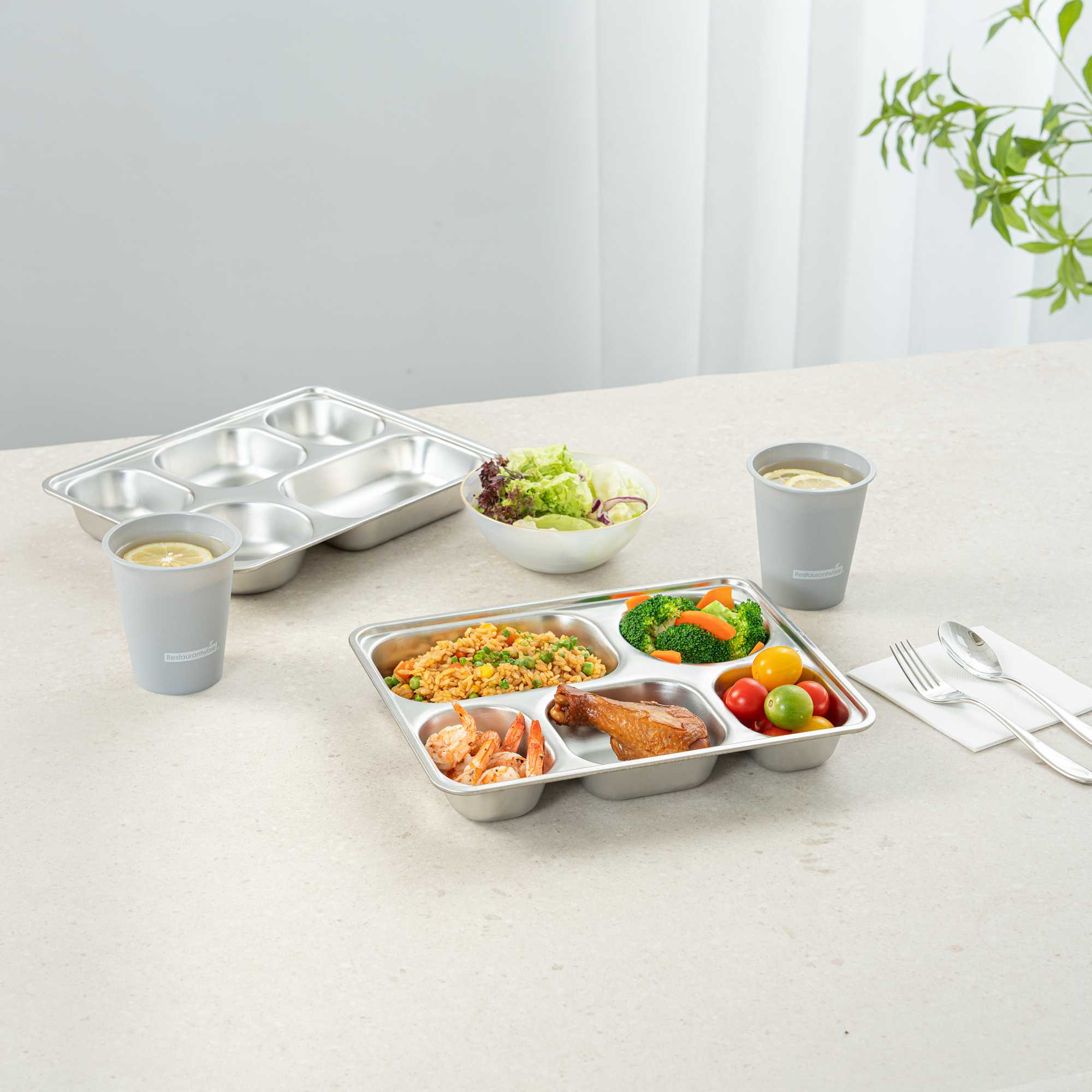 Met Lux Ambidextrous Rectangle Stainless Steel Tray - 5 Compartments - 11" x 8 3/4" x 1 3/4" - 2 count box